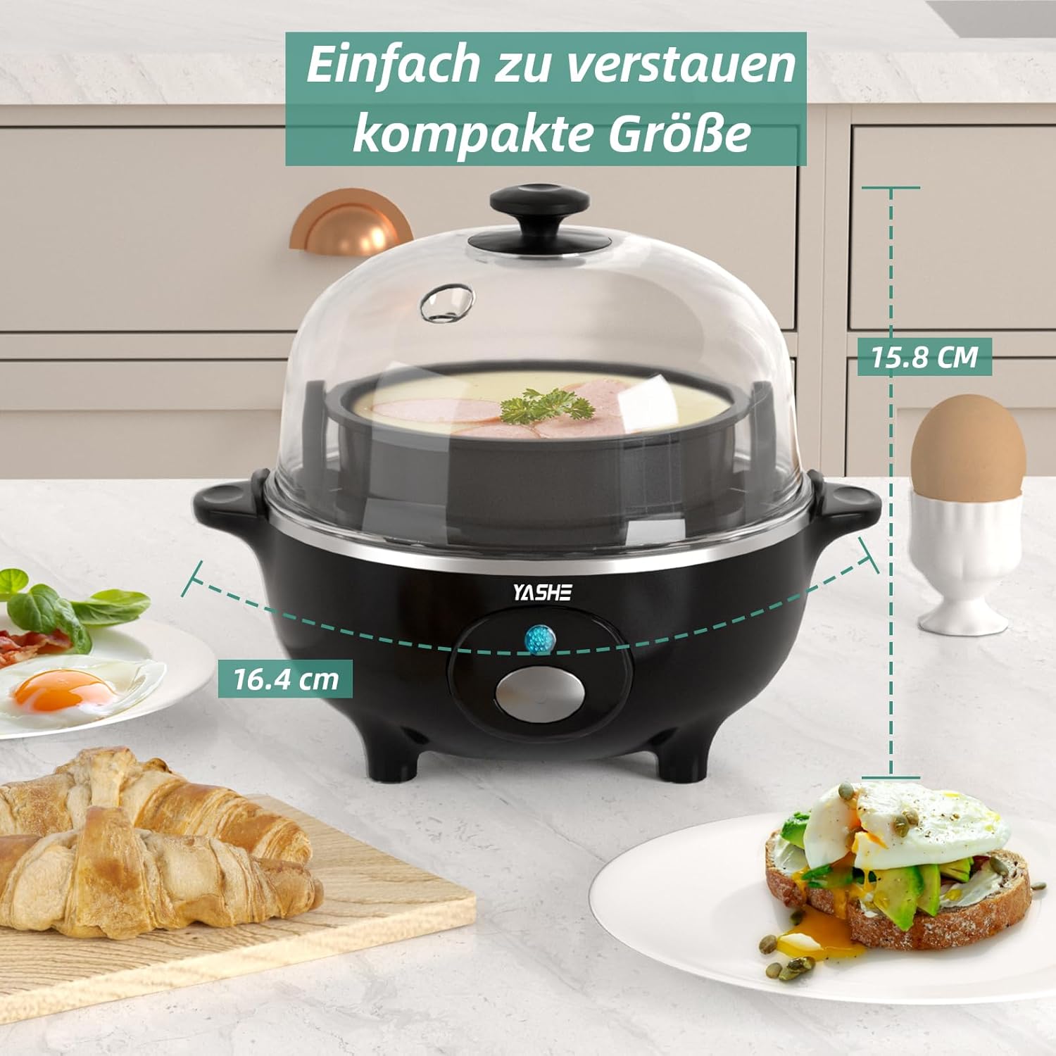 YASHE Eierkocher, 360 W, kompakter Eierkocher, multifunktional, 7 Eier leicht zu pellen, weich, mittel, hartgekocht, Eierbecher, Omelette-Maker, Dampfgarer, Signalton, Kontrollleuchte, BPA-frei – Bild 6