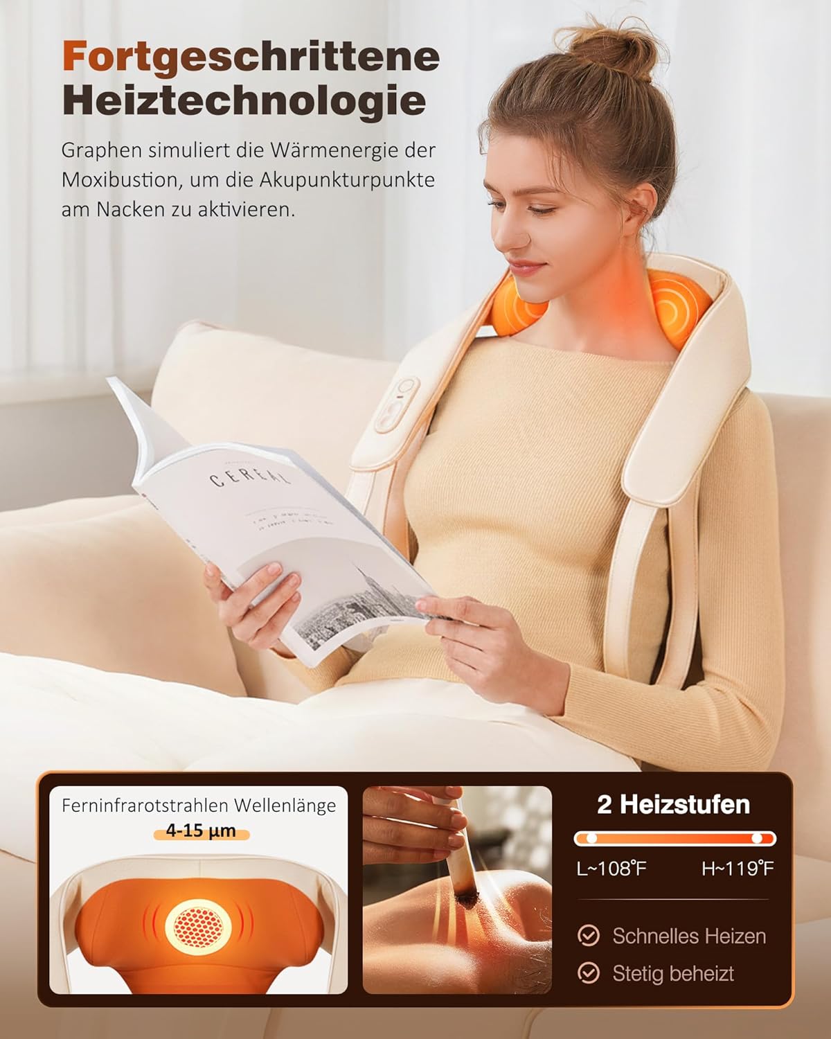 KNQZE Shiatsu-Massagegerät 4D, 2025, kabelloses Nackenmassagegerät mit Wärme, verbesserte Graphen-Erwärmung, 4D-Shiatsu-Tiefknet-Nackenmassage für Nacken, Schulter, Rücken, Geschenke für Männer, Beige – Bild 3
