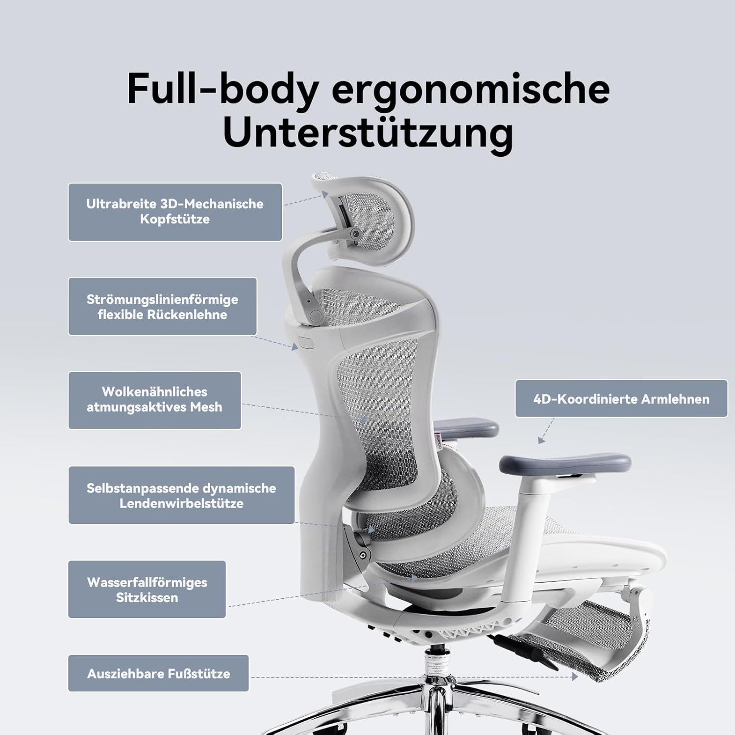 SIHOO Doro C300 Ergonomischer Bürostuhl mit dynamischer Lordosenstütze, 3D-Armlehnen und verstellbarer Rückenlehne, Fußstütze für bequemen Home-Office-Schreibtischstuhl – Weiß – Bild 7