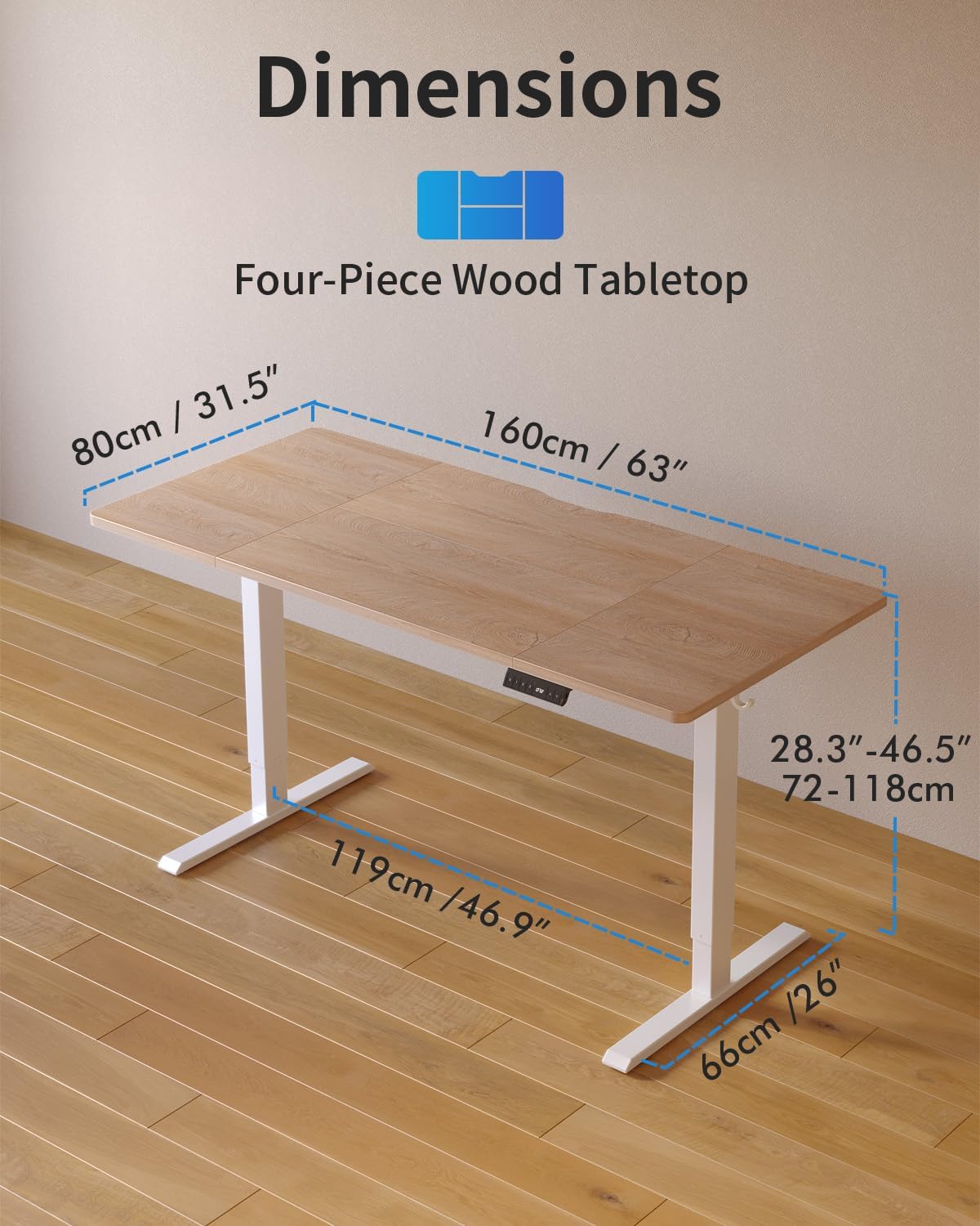 FEZIBO Höhenverstellbarer Schreibtisch mit USB-A- und USB-C-Ladeanschlüssen, 160 x 80 cm Schreibtisch, höhenverstellbar, elektrisch, ergonomischer Stehsitztisch für Home Office, Stehpult, Eiche – Bild 2
