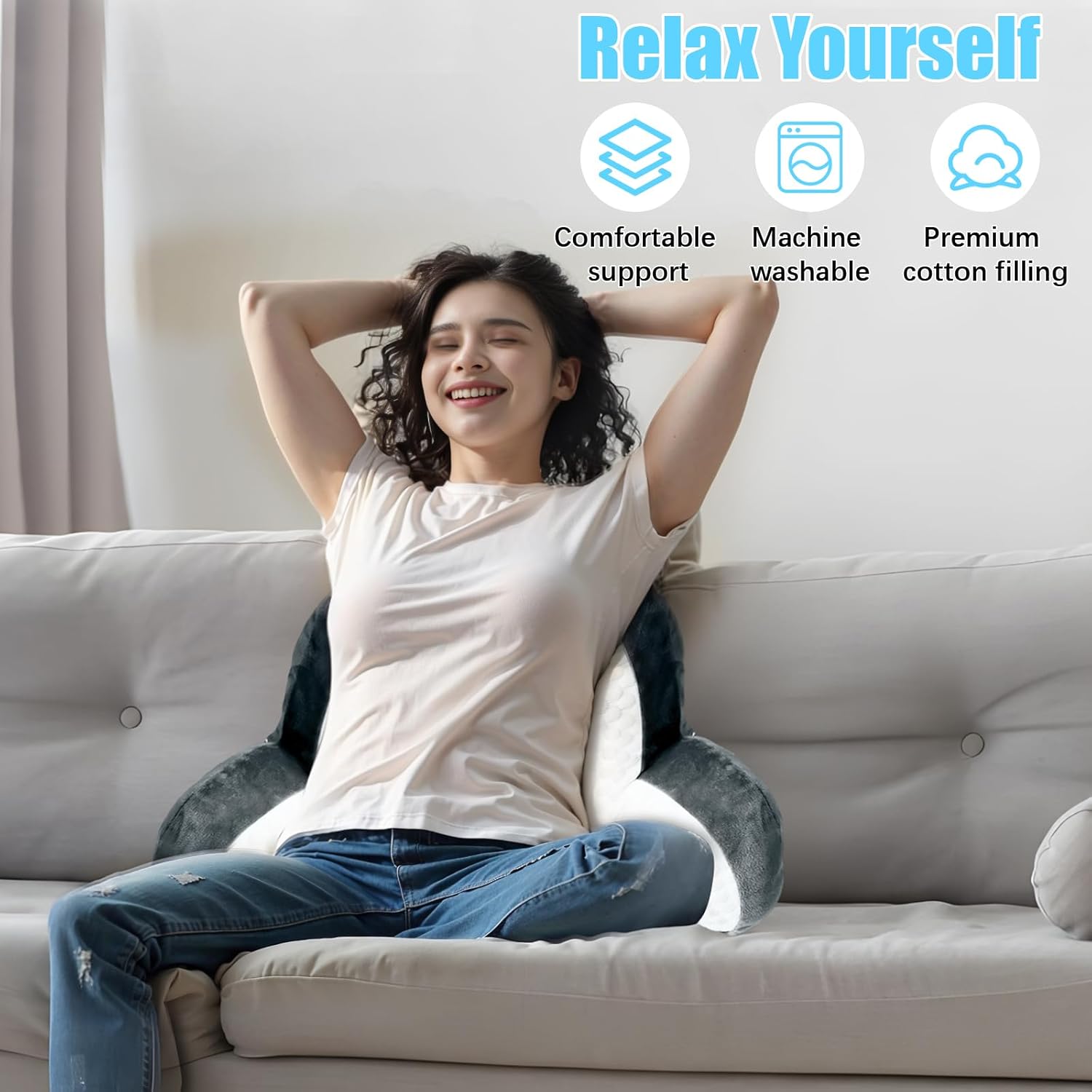 Suewidfay Lesekissen für Bett und Sofa, 70 x 50 cm, großes Rückenkissen für Erwachsene, Komfortkissen, Lesekissen mit abnehmbarer Nackenrolle und Armlehnen, Lesesitzkissen zum Lesen, Fernsehen, Faulenzen – Bild 2