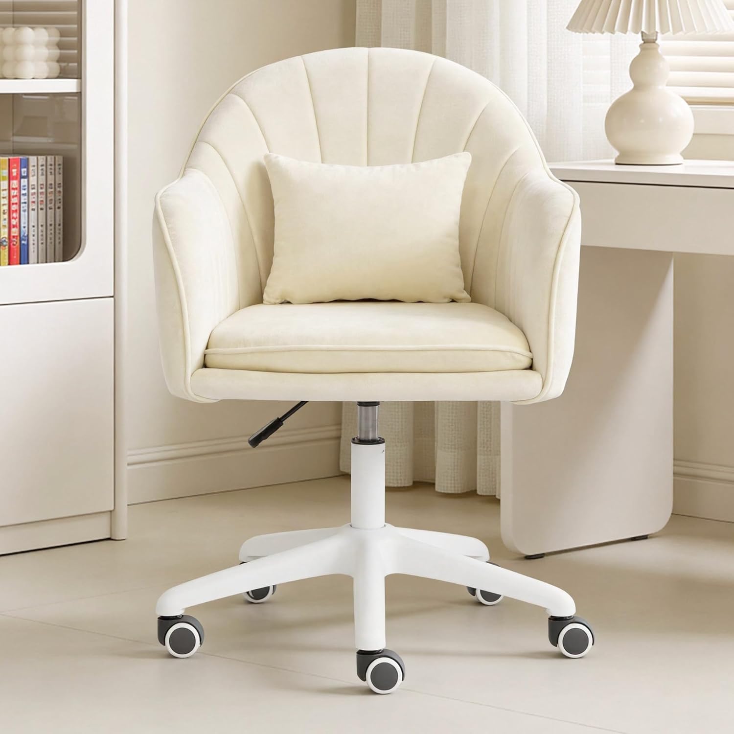 Ergonomischer Bürostuhl, um 360° drehbar, höhenverstellbar, Samtstuhl mit Kissen, Heimbürostuhl bis zu 250 PFD-Last, Schminktischstuhl für Arbeitszimmer, Schlafzimmer, Wohnzimmer, Beige – Bild 6