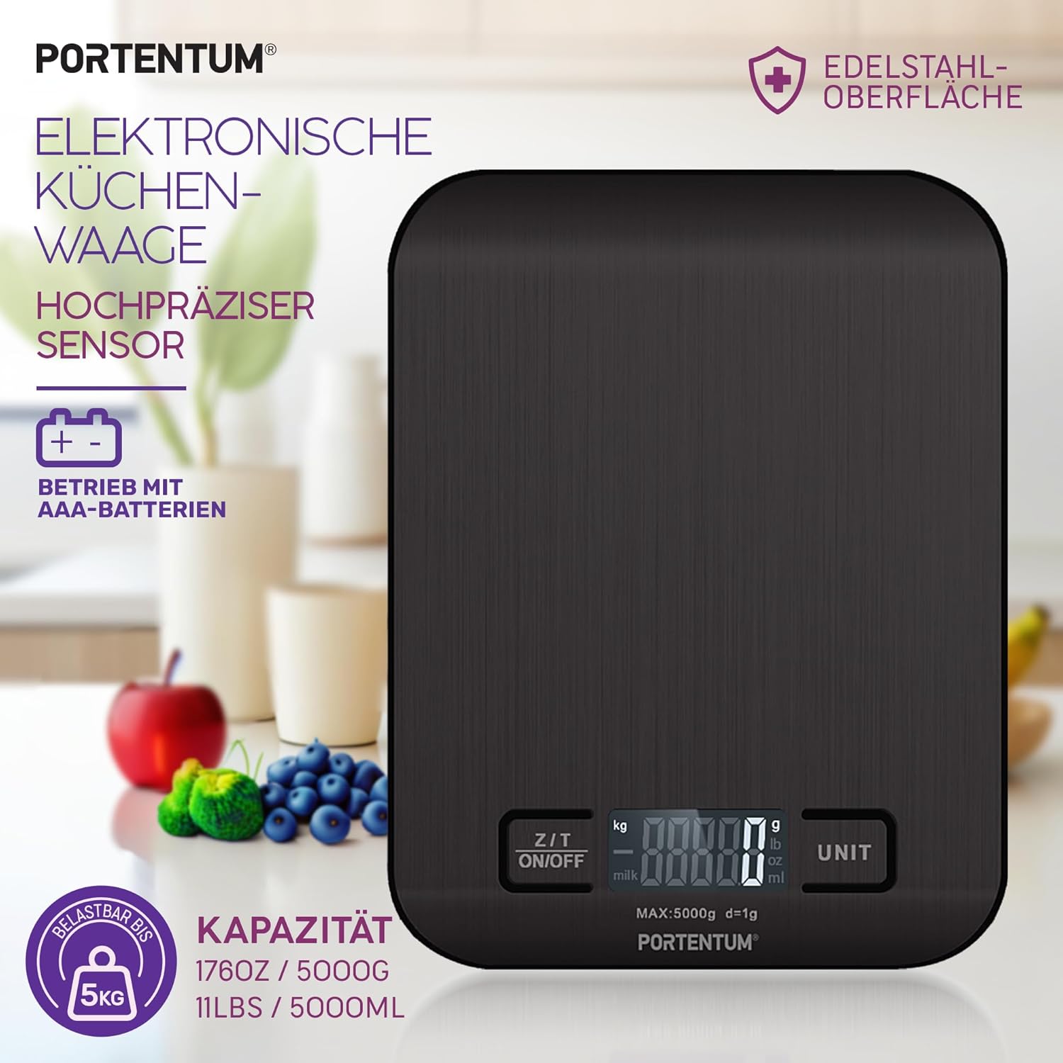 PORTENTUM Digitale Küchenwaage 5 kg mit großem LCD-Display, Digitalwaage, Briefwaage mit großer Wiegefläche aus Edelstahl, Flüssigkeitsmessung, hohe Präzision bis 1 g, Tarafunktion, schwarz – Bild 2