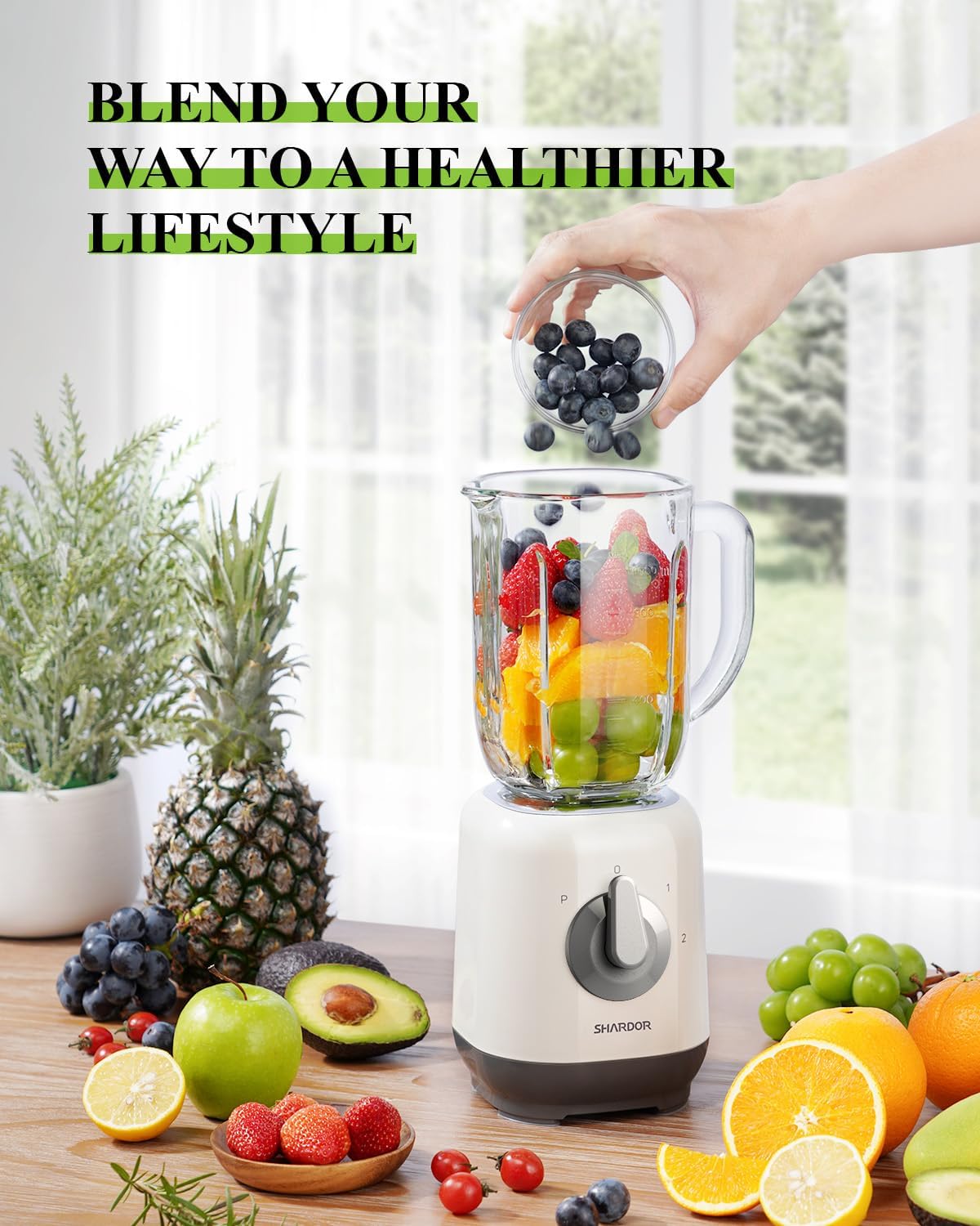 SHARDOR Standmixer, Smoothie Maker mit 6 Edelstahlklingen, 1,25 L Glasbehälter, 2 Geschwindigkeiten + Pulse, Mixer Hochleistungsmixer für Smoothies, Eis, Nüsse & Babynahrung, 700 W – Bild 7