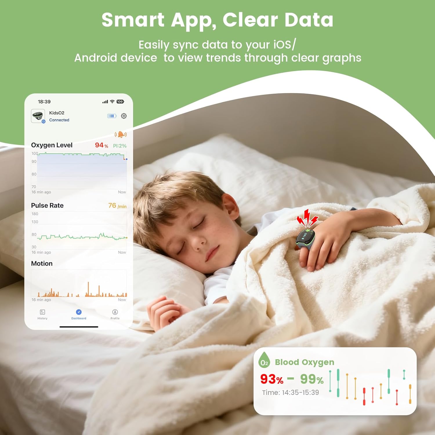 Tragbarer Gesundheitsmonitor für Kinder, KidsO2 Ring, tragbares Pulsoximeter, Bluetooth-Schlafmonitor, Gesundheitstracker mit App und PC-Bericht – Bild 4