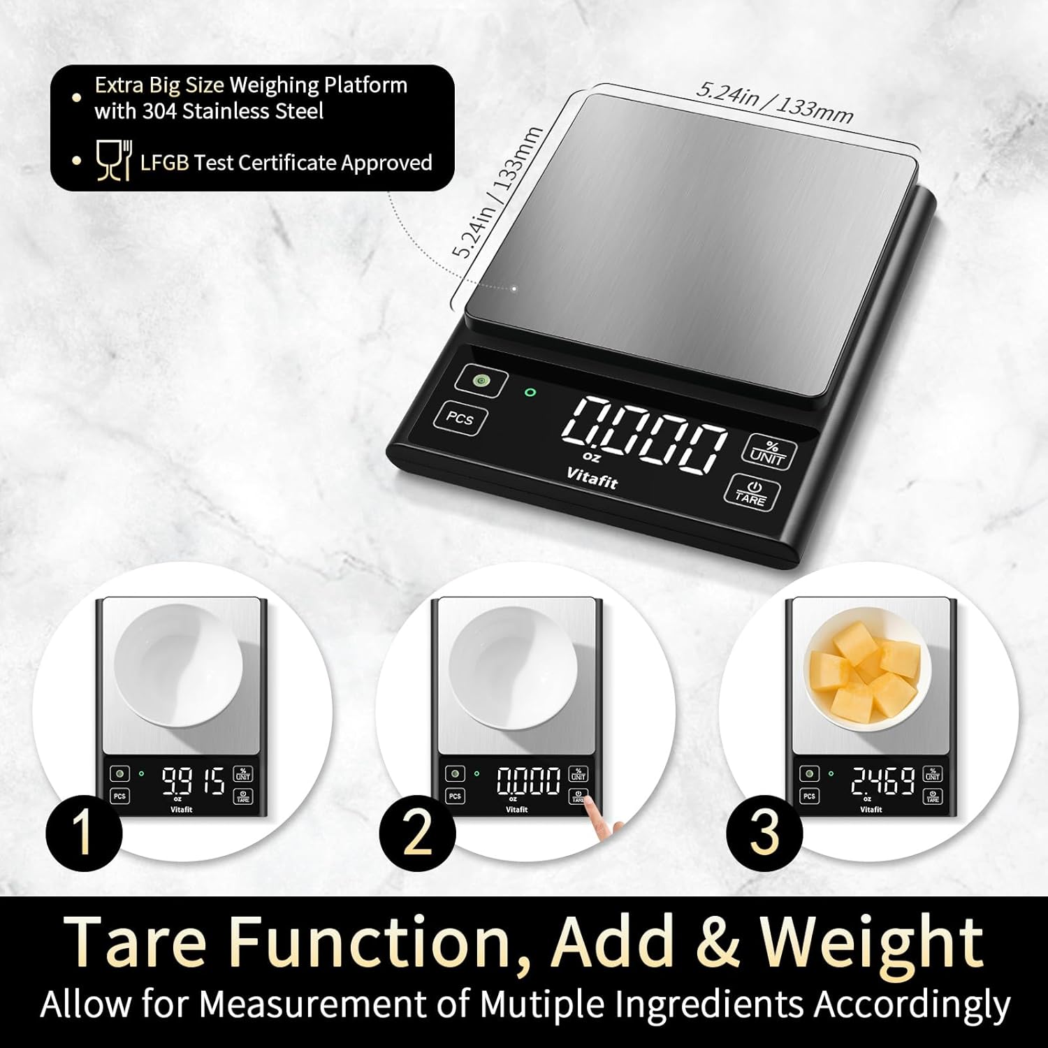 Vitafit 5kg Küchenwaage Digital, Hohe Genauigkeit 0,1g durch Unser Professionelle Fabrik Seit 2001, Waage Küche mit Prozentfunktion für Kochen/Backen/Kaffee, Edelstahlplattform, Großes LED, Schwarz – Bild 5