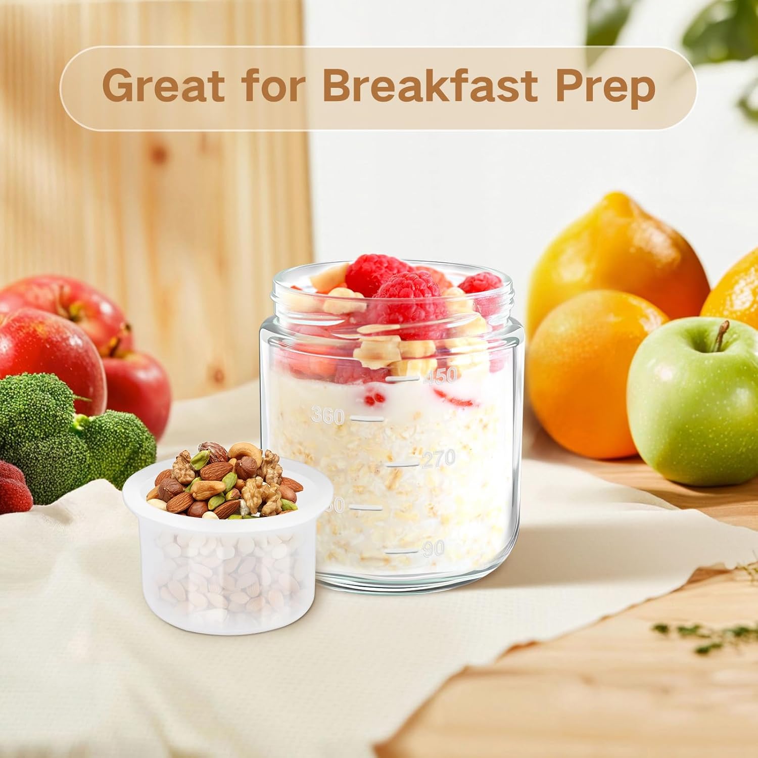Overnight Oats Gläser mit faltbarem Löffel,2er 500ml Vielzweckiger Meal Prep Gläser mit Deckeln,Geeignet für die Konservierung von Fruchtsalat,Joghurt,Chutney und Marmelade Sowie als Meal Prep Boxen – Bild 5
