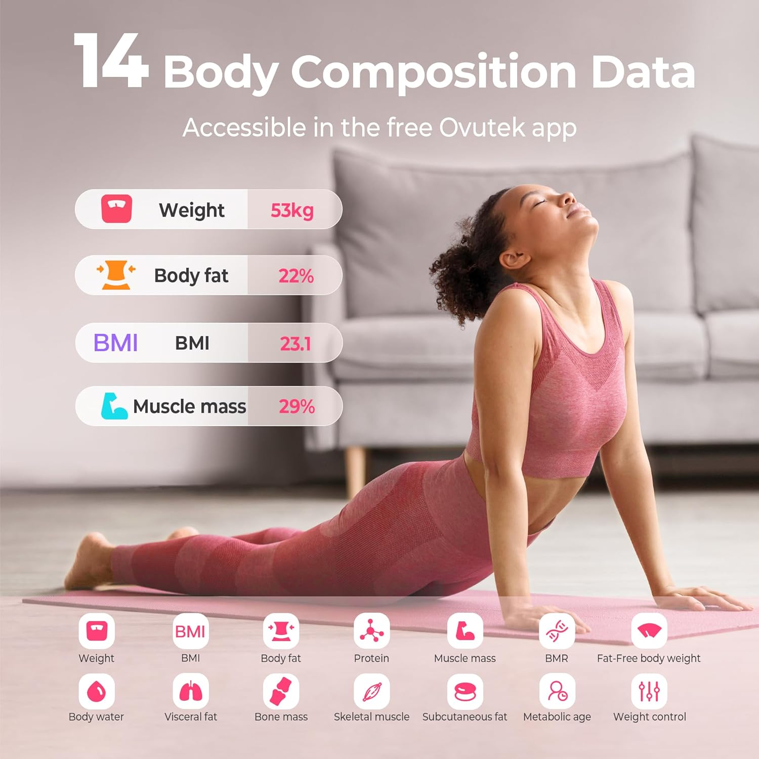 Ovutek Personenwaage Körperfettwaage für Körperfett, Körperwaage Digital mit Frei Smartphone-App BMI-Waage Genaue 14 Körperzusammensetzung, Hellrosa Waage Personen 180kg – Bild 2