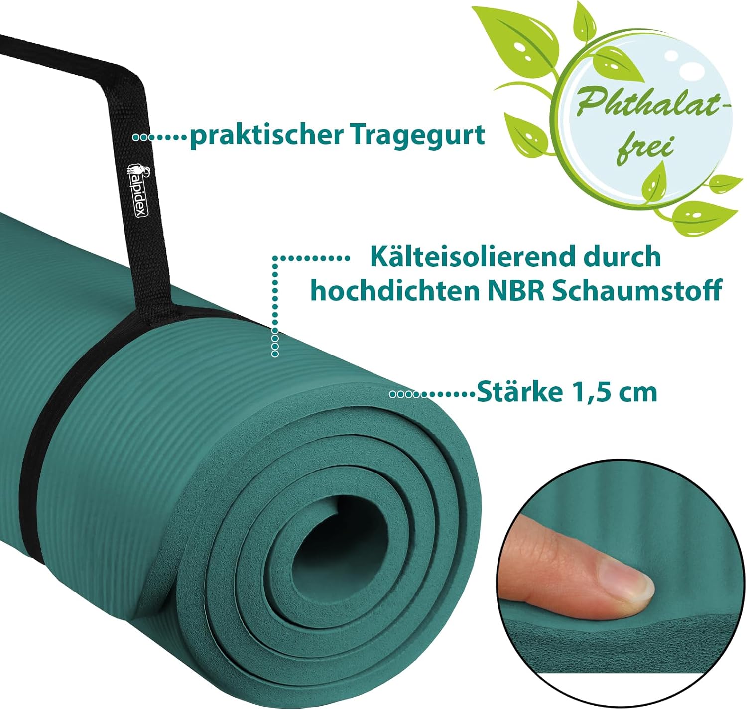 ALPIDEX Yogamatte extra dick 1,5 cm, Gymnastikmatte, 3 Größen, E-Book, rutschfest, phthalatfrei, Fitnessmatte, Gymnastik, Pilates, Sport, Physio, HIIT, Yoga, Trainingsmatte, Schlafmatte – Bild 5