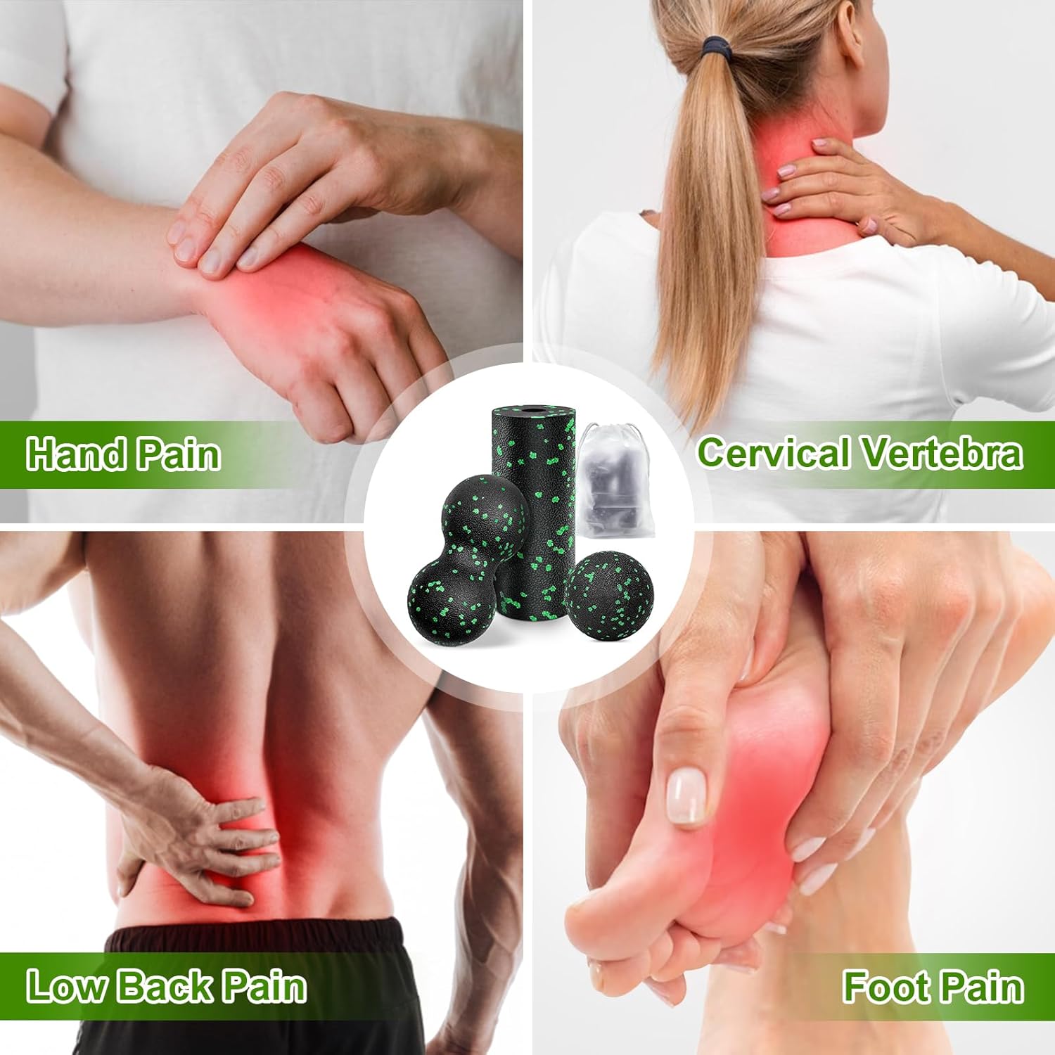 Faszienball und kleine Faszienrolle, Massageball-Set, Stress abbauen und verspannte Muskeln entspannen, Duoball für Wirbelsäule, Fuß, Nacken und Rücken (grün) – Bild 5