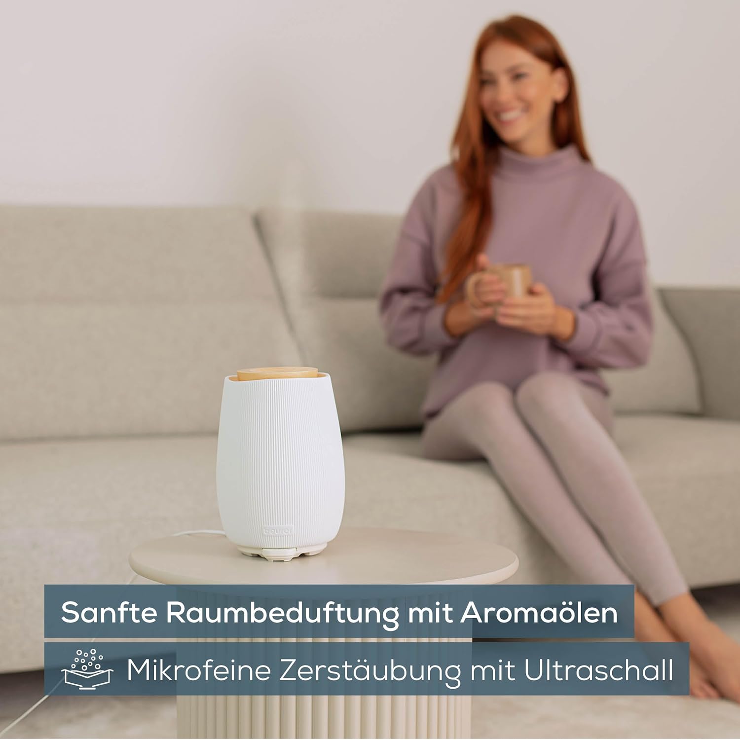 Beurer LA 45 Aromadiffusor für ätherische Öle, 2-stufiger Ultraschallvernebler für Aromatherapie, Stimmungslicht in 9 Farben, Keramikgehäuse & Holzdeckel, mit Timer und automatischer Abschaltung, bis zu 20 m² – Bild 2