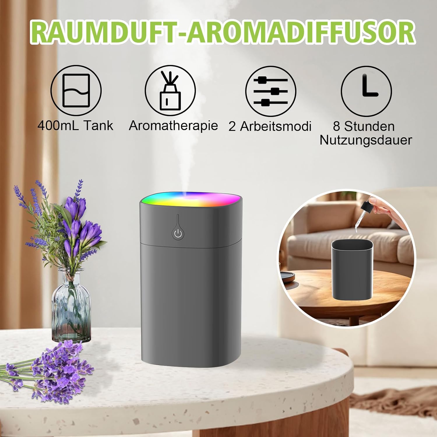 Tragbarer Mini-Luftbefeuchter für Schlafzimmer, Aroma-Diffusor für Zuhause, persönlicher Tisch-Luftbefeuchter für Pflanzen, Raumduft-Aroma-Diffusor, 2 Modi, Nachtlicht, automatische Abschaltung – Bild 5