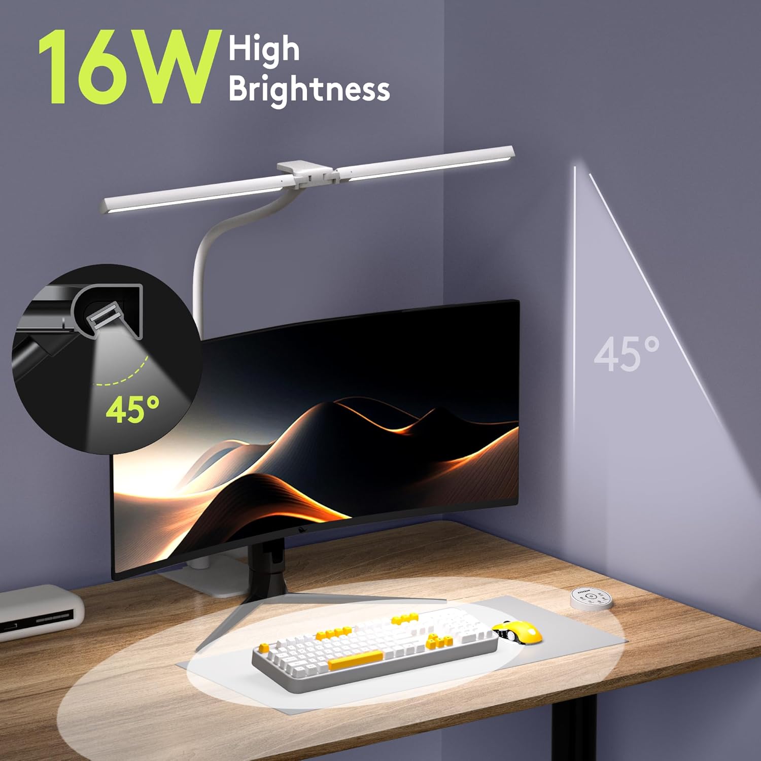 EYOCEAN Schreibtischlampe, Doppelkopf Schreibtischlampe Kinder, Augenschutz Schreibtischlampe, 16W 72cm Tageslichtlampe Schreibtisch mit Fernbedienung, Dimmbare Monitorlampe, Schwanenhals Bürotischlampe – Bild 2