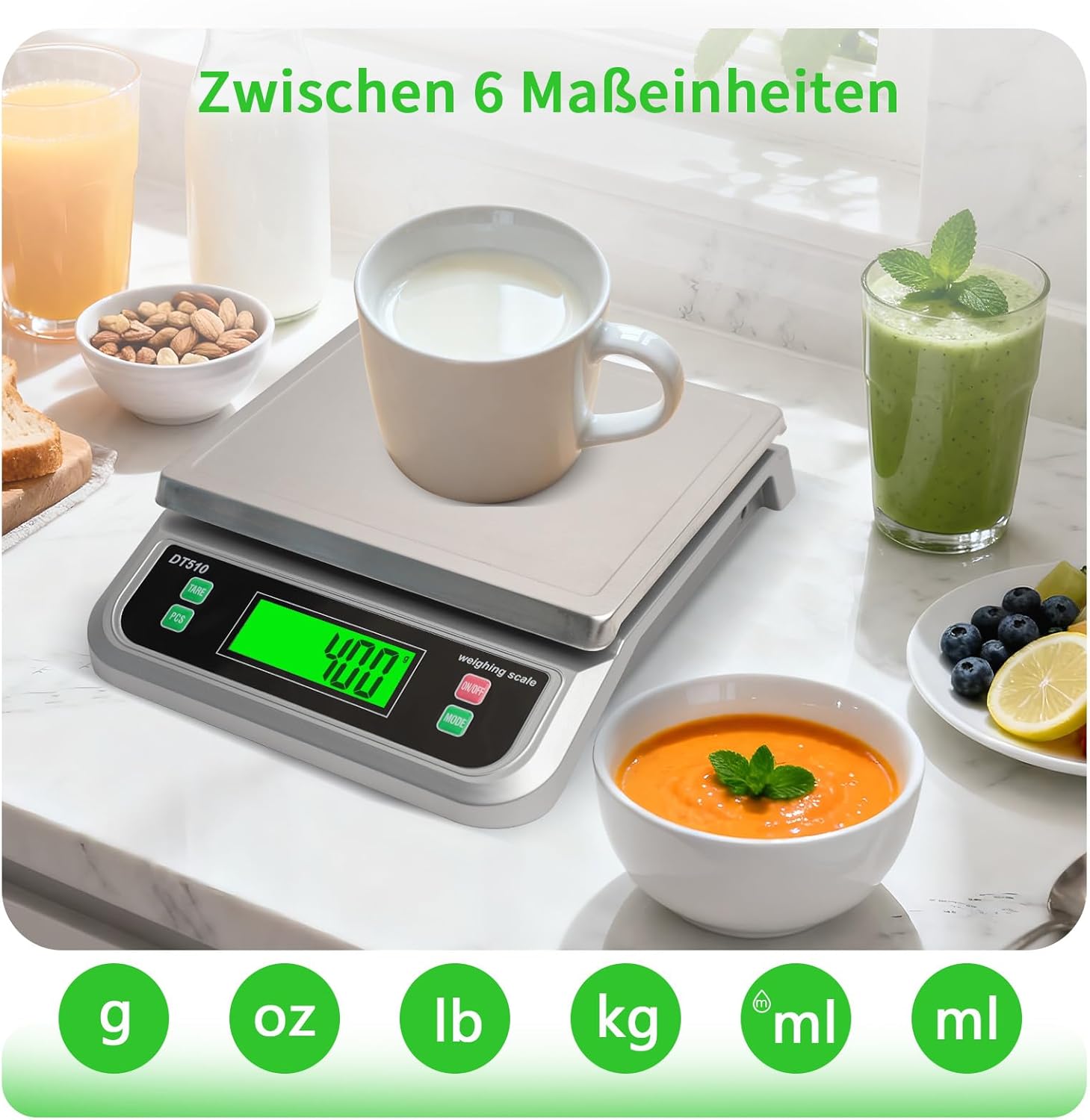 Digitale Küchenwaage, 40 kg Küchenwaage mit Stückzählung und Tarafunktion, Küchenwaage mit 6 Maßeinheiten, g/kg/lb/oz/ml/Milch-ml und LCD-Display, Wiegefläche aus Edelstahl zum Backen und Kochen, Silber – Bild 5