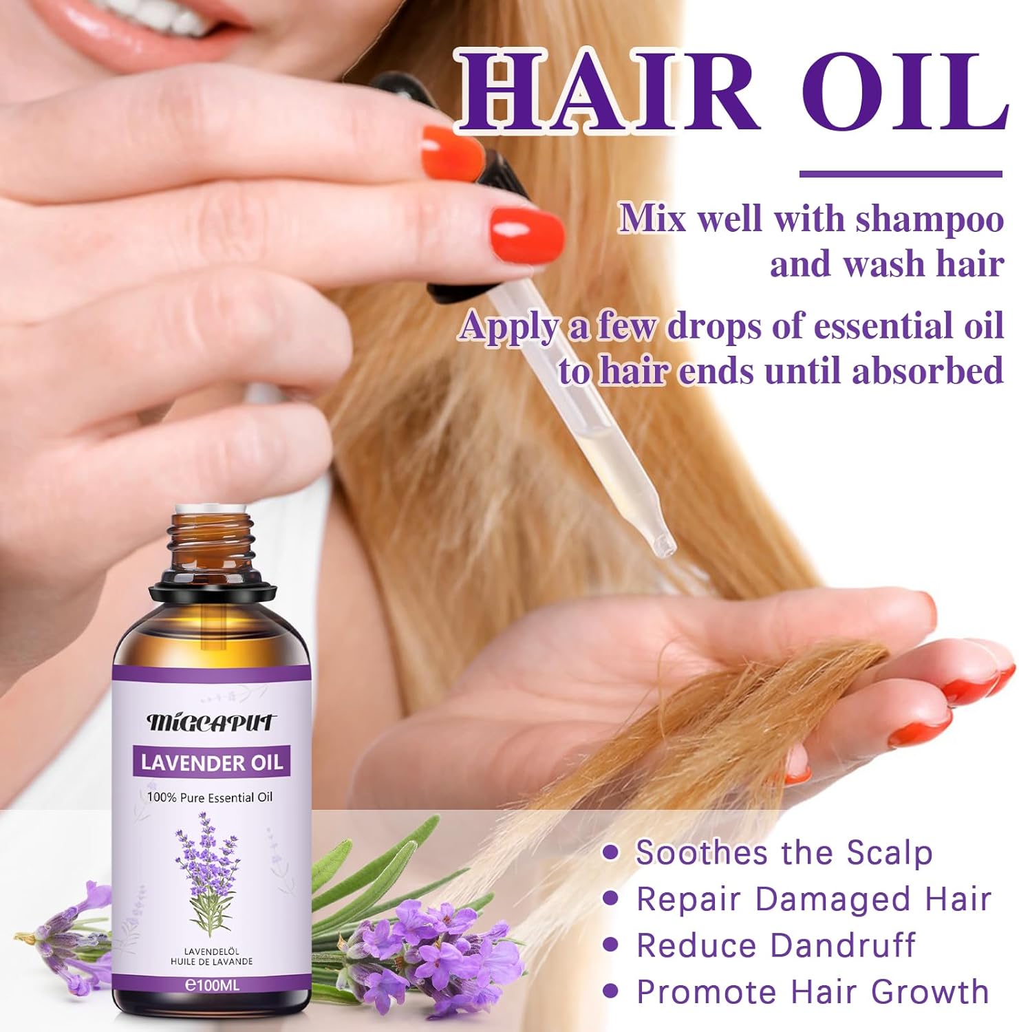 Migcaput Essential Oils Lavendelöl 100 ml, 100 % natürliche ätherische Öle, hochwertiges ätherisches Aromatherapieöl, Duftöle für Diffusor, Luftbefeuchter, Entspannung, Massage, Bad – Bild 4