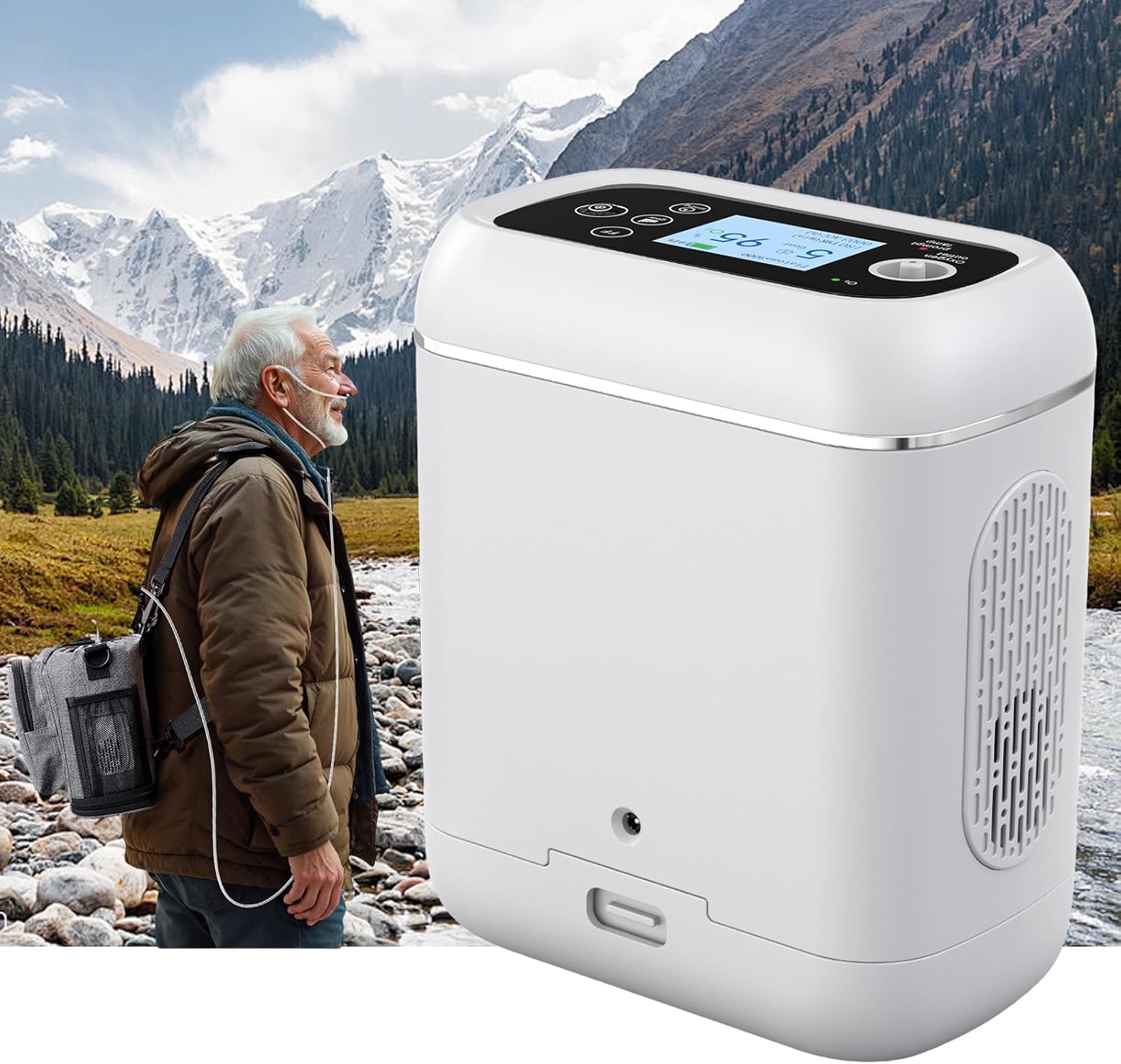 Mobil Sauerstoffkonzentrator mit Akku & Rucksack, Sauerstoffkonzentration 95 ± 3%, Tragbarer Sauerstoffgerät für Autos, Ausflüge und Reisen, mit Ai-Chip, Pulsmodus – Anleitung in Deutsch
