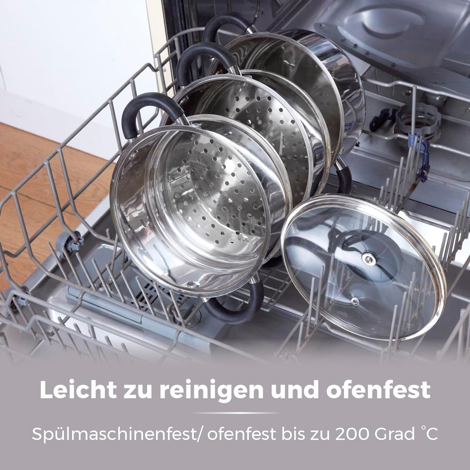 Tower T80836 Essentials Induktions-Dampfgarer, 3-lagig, mit Glasdeckel und Silikongriffen, Kartoffeldämpfer aus Edelstahl mit polierter Hochglanzoberfläche, 18 cm, Silber – Bild 8