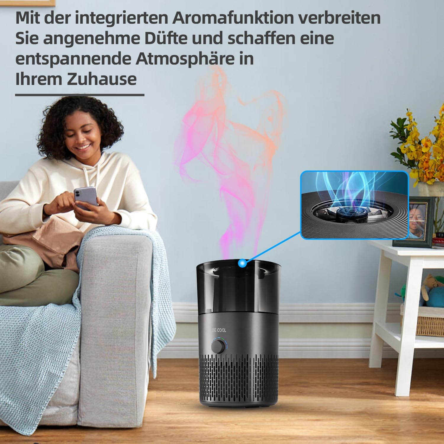 Be Cool Luftbefeuchter – 7 einstellbare Luftfeuchtigkeitsstufen / 360°-Drehung – 12 Stunden Betriebszeit, HEPA, gegen Pollen, leise – 3,8 l Tank/Schwarz – Bild 6