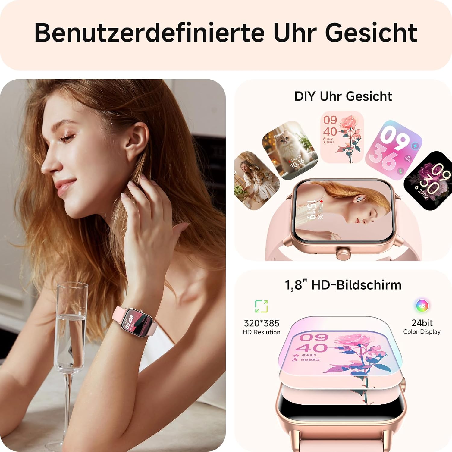Damen-Smartwatch mit Telefonfunktion, 1,8-Zoll-Smartwatch, Fitnessuhr mit WhatsApp und Alexa, Herzfrequenz-Schlafmonitor, 120+ Sportmodi, Fitness-Tracker, IP68 wasserdichte Uhren Damen für – Bild 6
