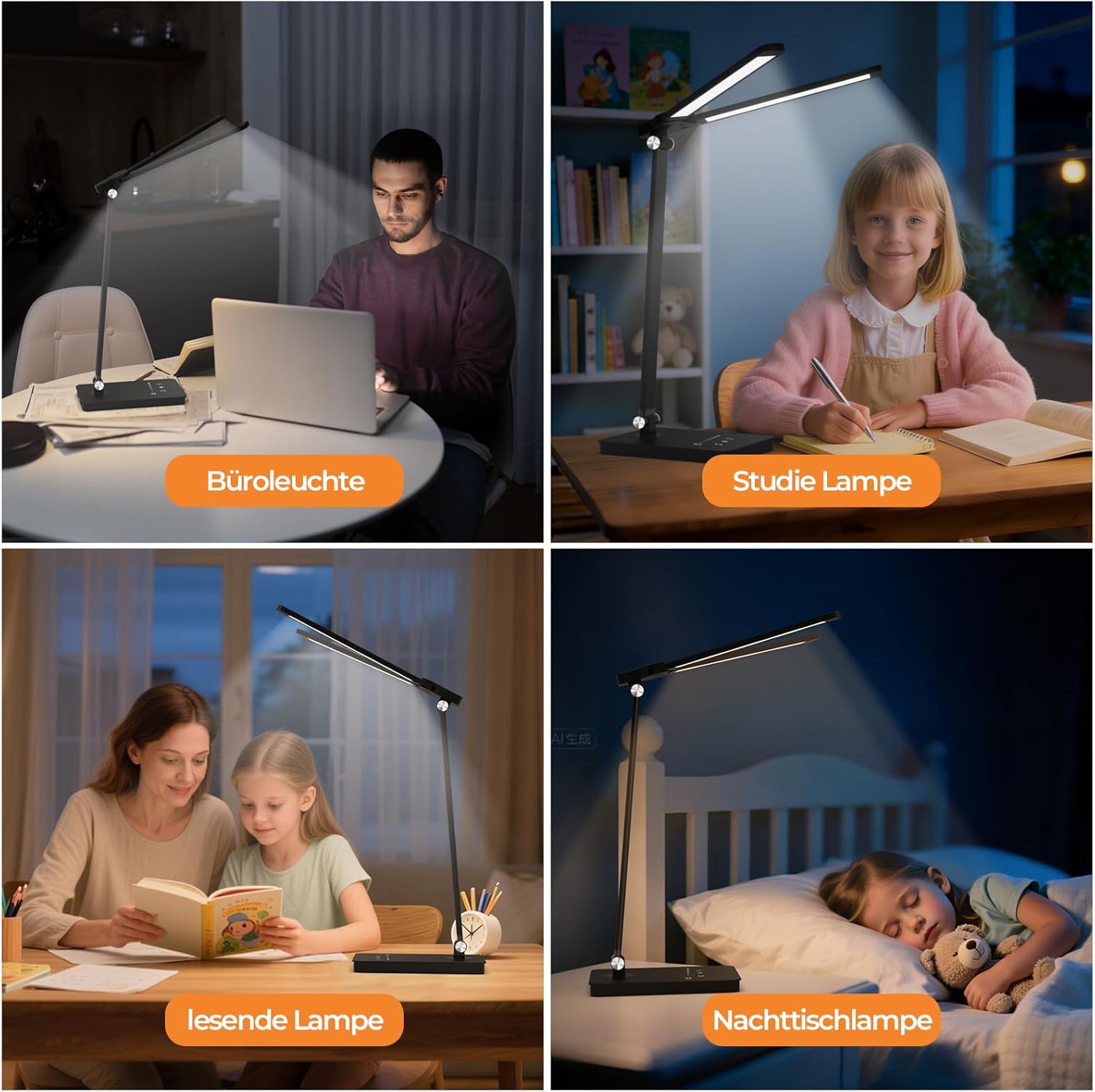 Schreibtischlampe LED dimmbar mit 4000 mAh Akku, 5 Farben und 10 Helligkeitsstufen – kabellose Tischlampe mit USB-Anschluss, Touch-Steuerung und Timer für Kinder, Büro und Lesen (schwarz) – Bild 8