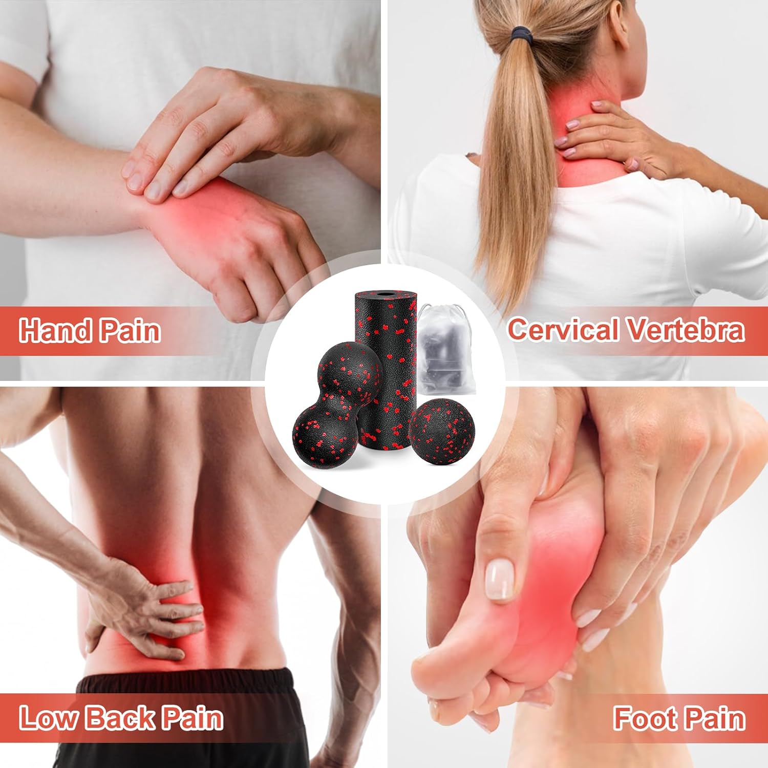 Faszienball und kleine Faszienrolle, Massageball-Set, Stress abbauen und verspannte Muskeln entspannen, Duoball für Wirbelsäule, Fuß, Nacken und Rücken (rot) – Bild 5