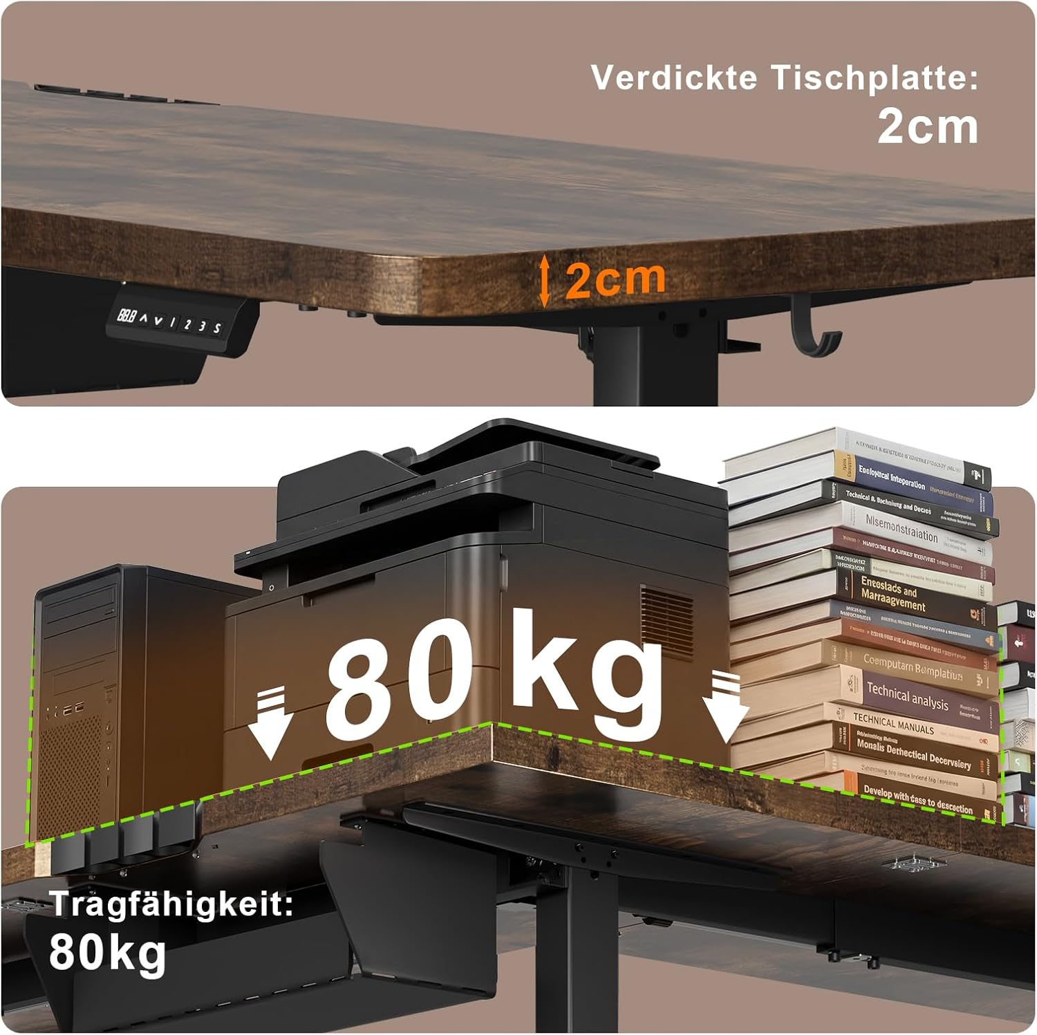 JUMMICO Eckschreibtisch, höhenverstellbar mit 3 Ablagehöhen, 160 x 140 cm, L-förmiger höhenverstellbarer Schreibtisch mit Kabelkanal und 2 Haken, ergonomischer Computertisch für das Home Office, braun – Bild 4