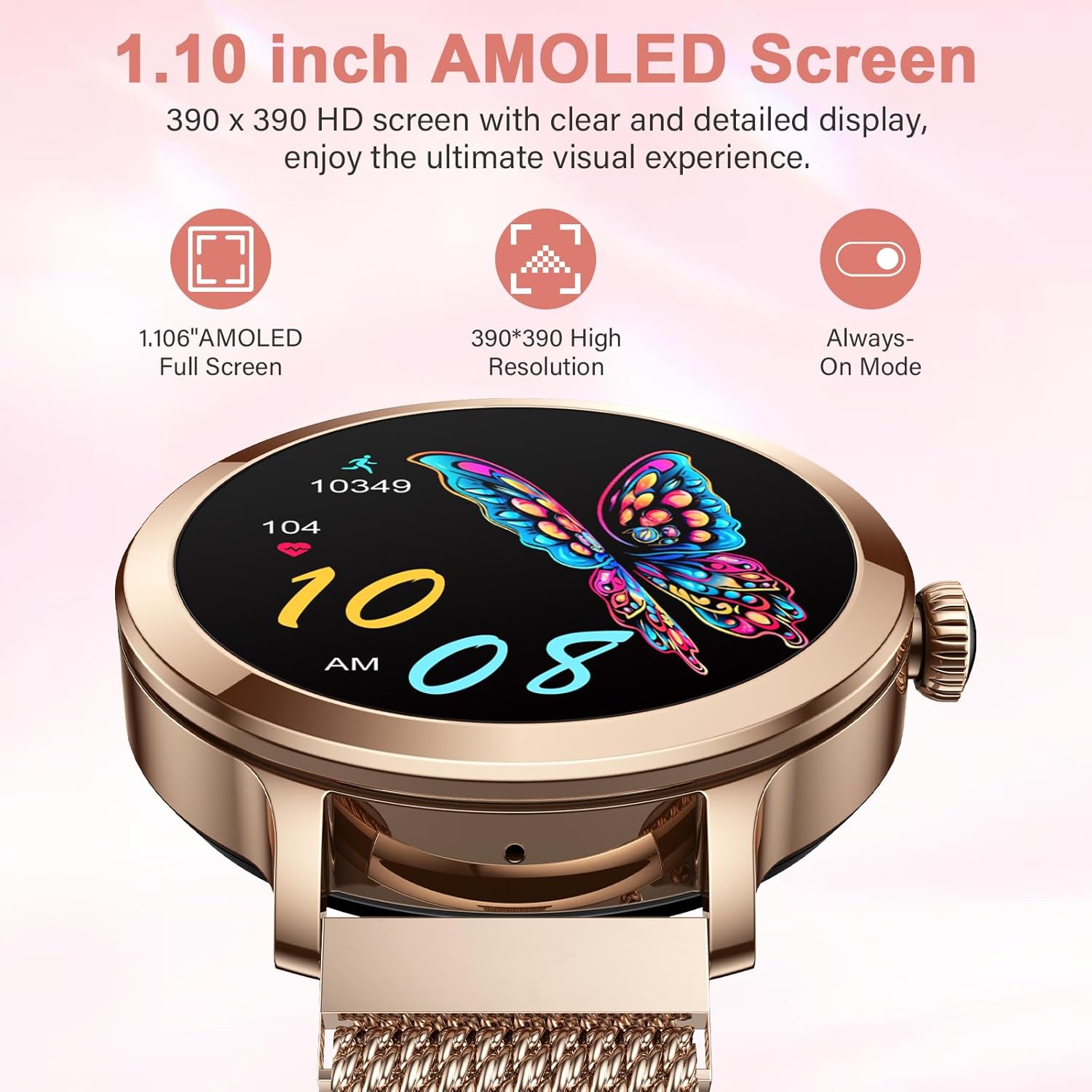 Efolen Damen Smartwatch (2 Armbänder), 1,1 Zoll HD AMOLED Display Smartwatch mit Telefonfunktion, Fitnessuhr, Sportuhr mit 120+ Sportmodi, Schlaftracking, Menstruationszyklus, Uhr für iOS/Android, Roségold – Bild 2