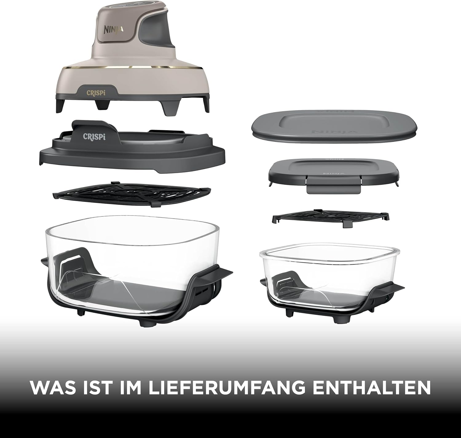 Tragbare Heißluftfritteuse Ninja CRISPi, 3,8 l, 4-in-1: Heißluftfrittieren, Rösten, Warmhalten, erneut knusprig, 6 Portionen, 2 abnehmbare Glasbehälter und Deckel, 1700 W, Steingold FN101EUSTGD – Bild 3