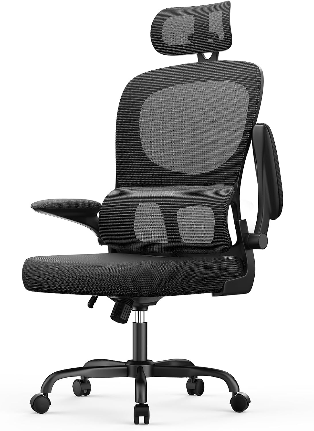 rattantree Ergonomischer Bürostuhl, Schreibtischstuhl mit verstellbarer Kopfstütze und Armlehnen, C-förmige Lordosenstütze, Drehstuhl mit Rollen für das Heimbüro, Schwarz