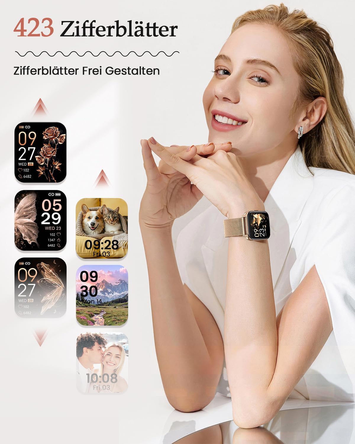 2026 Damen Smartwatch 1,85 Zoll AMOLED Fitness Tracker mit Telefonfunktion Menstruationszyklus Herzfrequenz Schlafmonitor SpO2 113+ Sportmodi Sportuhr 5ATM Schrittzähler Kalorien iOS Android Roségold – Bild 2