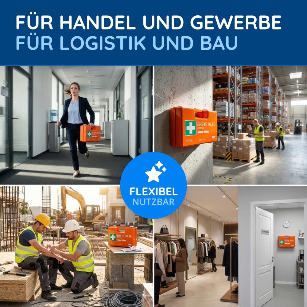 Erste-Hilfe-Koffer für Unternehmen, Inhalt nach DIN 13157, orange, gefüllter Erste-Hilfe-Kasten mit Wandhalterung – Bild 9