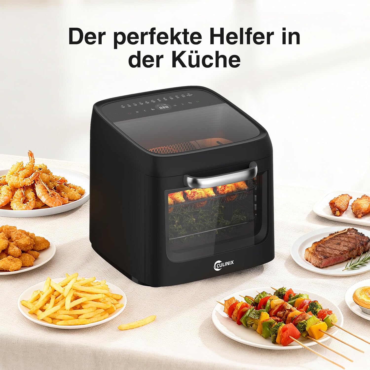 12L Heißluftfritteuse, 12-in-1-Heißluftfritteuse mit 8 Zubehörteilen, Backofen, Grill, Dörrgerät, 1800-W-Luftfritteuse ohne Öl mit 2 großen Sichtfenstern, 80-200 °C, Schwarz – Bild 7
