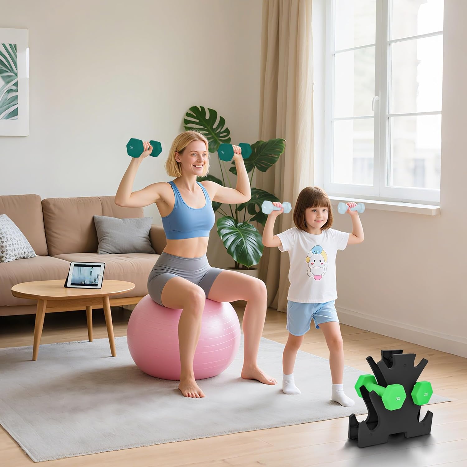 SPORTNOW Hantelset 2 x 1 kg, 2 x 3 kg, 2 x 5 kg mit Hantelständer, 6 Hanteln aus Metall für Gymnastik, Fitness, Zuhause – Bild 8