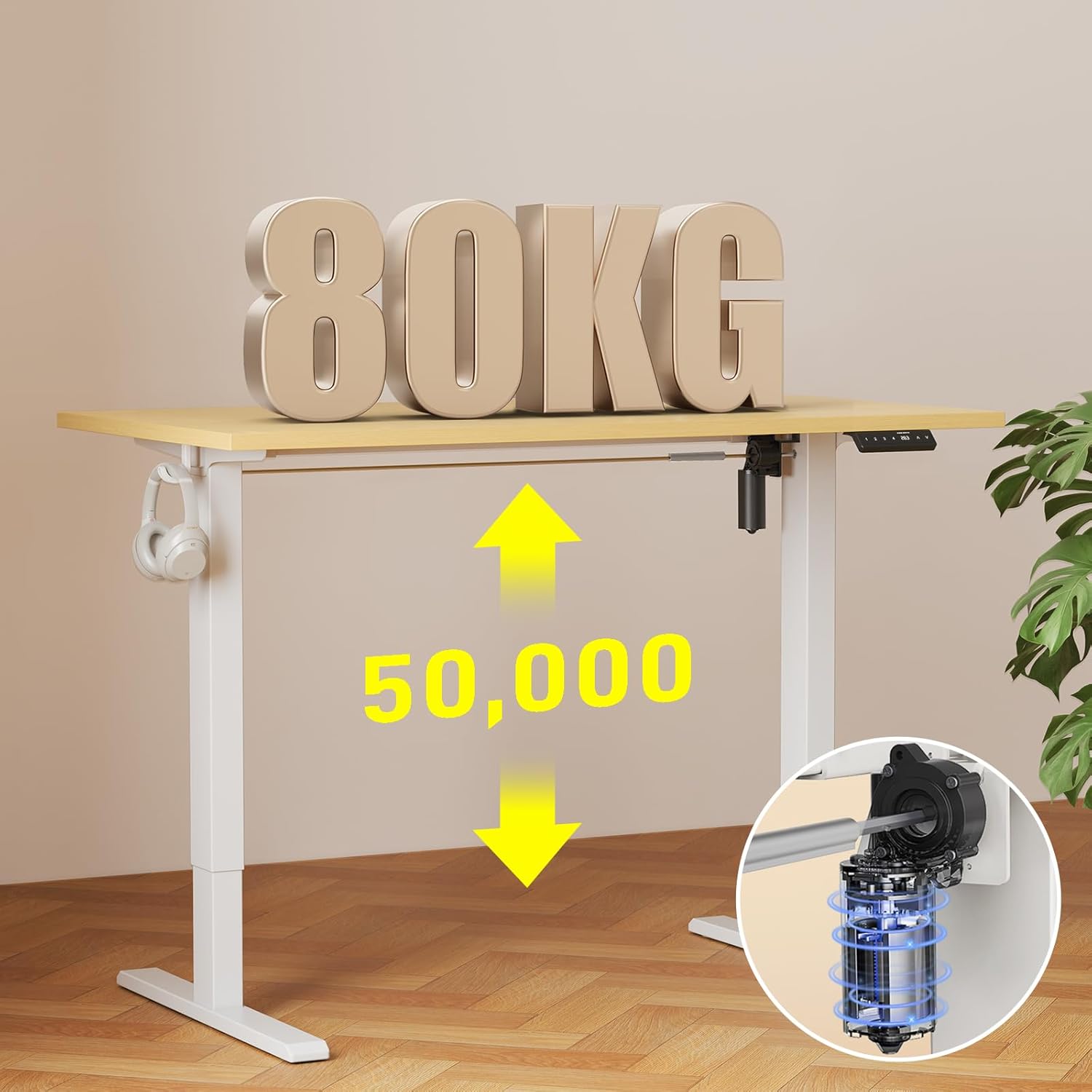 WALKINGDESK Ganze Tischplatte, höhenverstellbarer Schreibtisch, elektrischer 140 x 70 cm Computertisch, Stehsitztisch mit einteiliger Tischplatte, Stehpult mit 4 Memory-Funktionen, Eiche – Bild 5