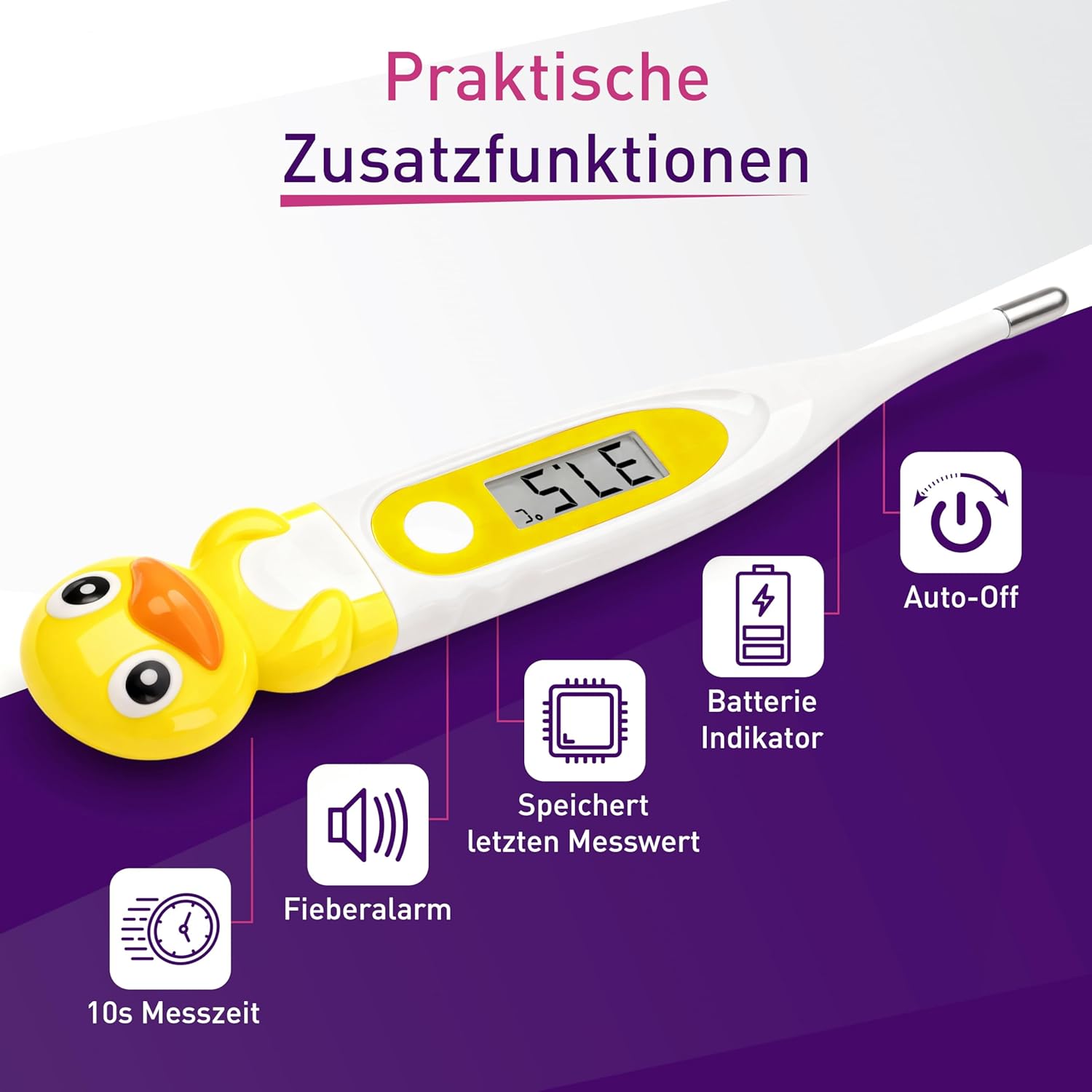 scala SC 44 flex Digitales Fieberthermometer Baby & Kinder – 10 Sekunden Messzeit, flexible Spitze, Fieberalarm, wasserdicht – oral, rektal & axillär – Entenmotiv – Bild 7