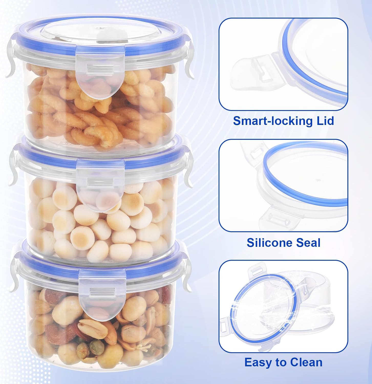 Kssvzz 6 Stück 300 ml Frischhaltedosen mit Deckel, rund, luftdicht, Kunststoffschüssel, auslaufsicher, Meal-Prep-Boxen, stapelbar und langlebig, Gefrierbehälter, klein, BPA-frei – Bild 3
