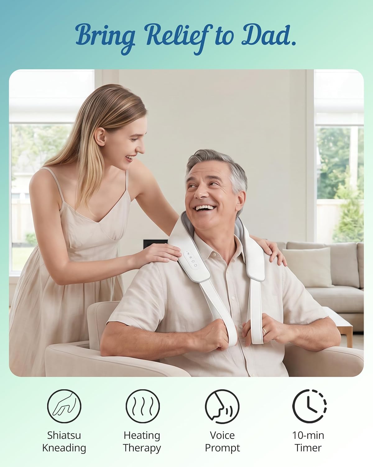 Kabelloses Shiatsu-Nacken- und Rückenmassagegerät mit Wärme, 10 Minuten x 12 Anwendungen, 3 Massagemodi und 2 Intensitätsstufen, Vatertagsgeschenk für Papa, 3D-Kneten von Tiefengewebe, Sprachansage – Bild 2
