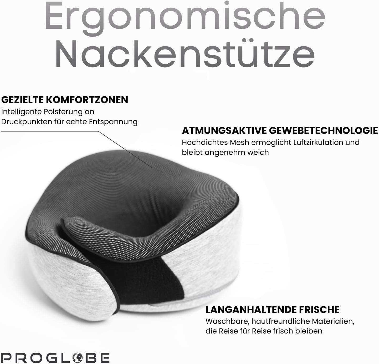 Proglobe Flugzeug-Nackenkissen, Reisekissen, 100 % Memory-Schaum, orthopädisches Nackenkissen, ideal für Reisen im Flugzeug, Auto, Zug, mit 3D-Schlafmaske, Ohrstöpsel, hochwertiger Netzbeutel, grau – Bild 3