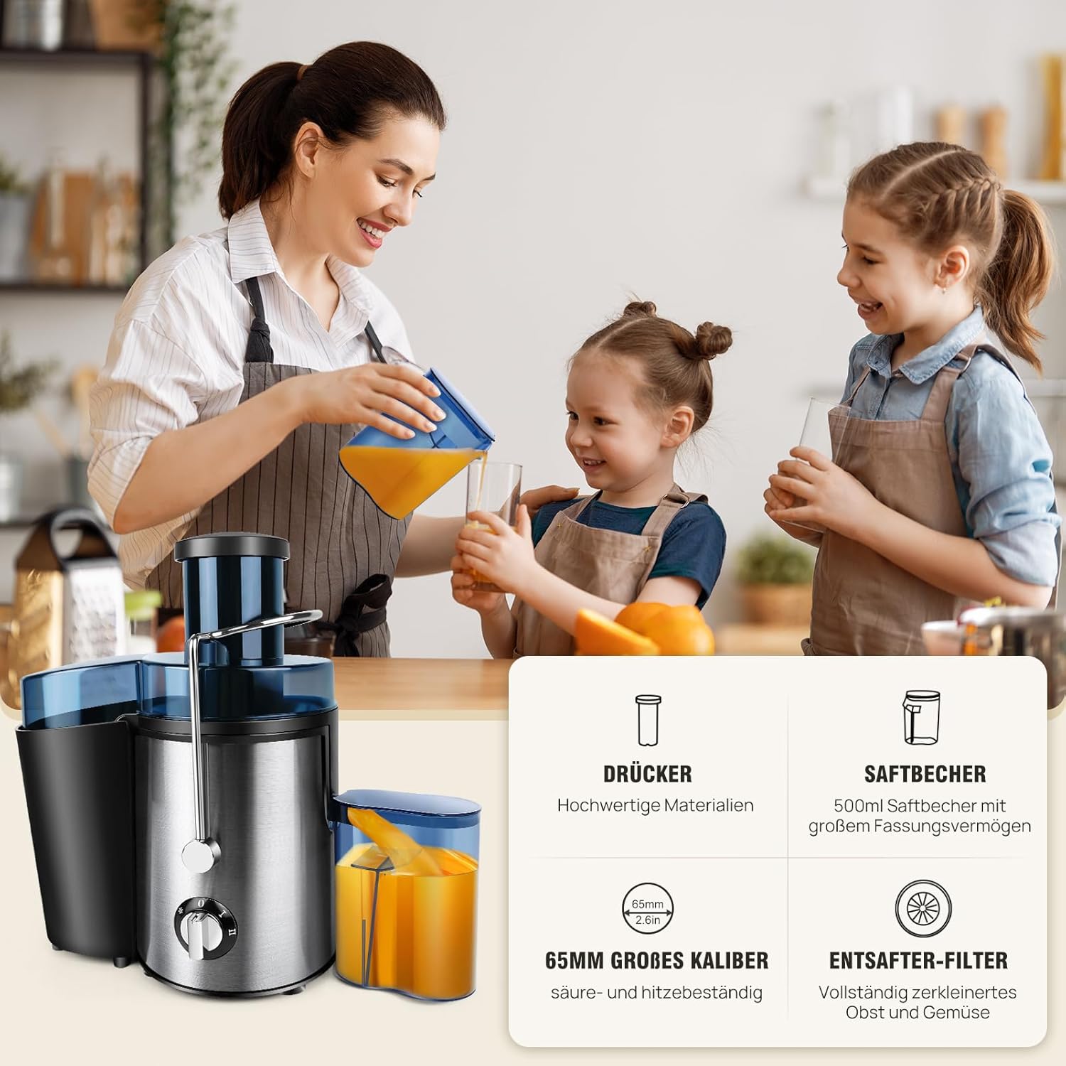 Entsafter für Obst und Gemüse aus Edelstahl, elektrischer Entsafter, Extraktor, maximale Leistung 1000 W, Zentrifuge, 65 mm Einfüllöffnung und 2 Geschwindigkeiten, Anti-Tropf-Funktion und Überhitzungsschutz – Bild 9