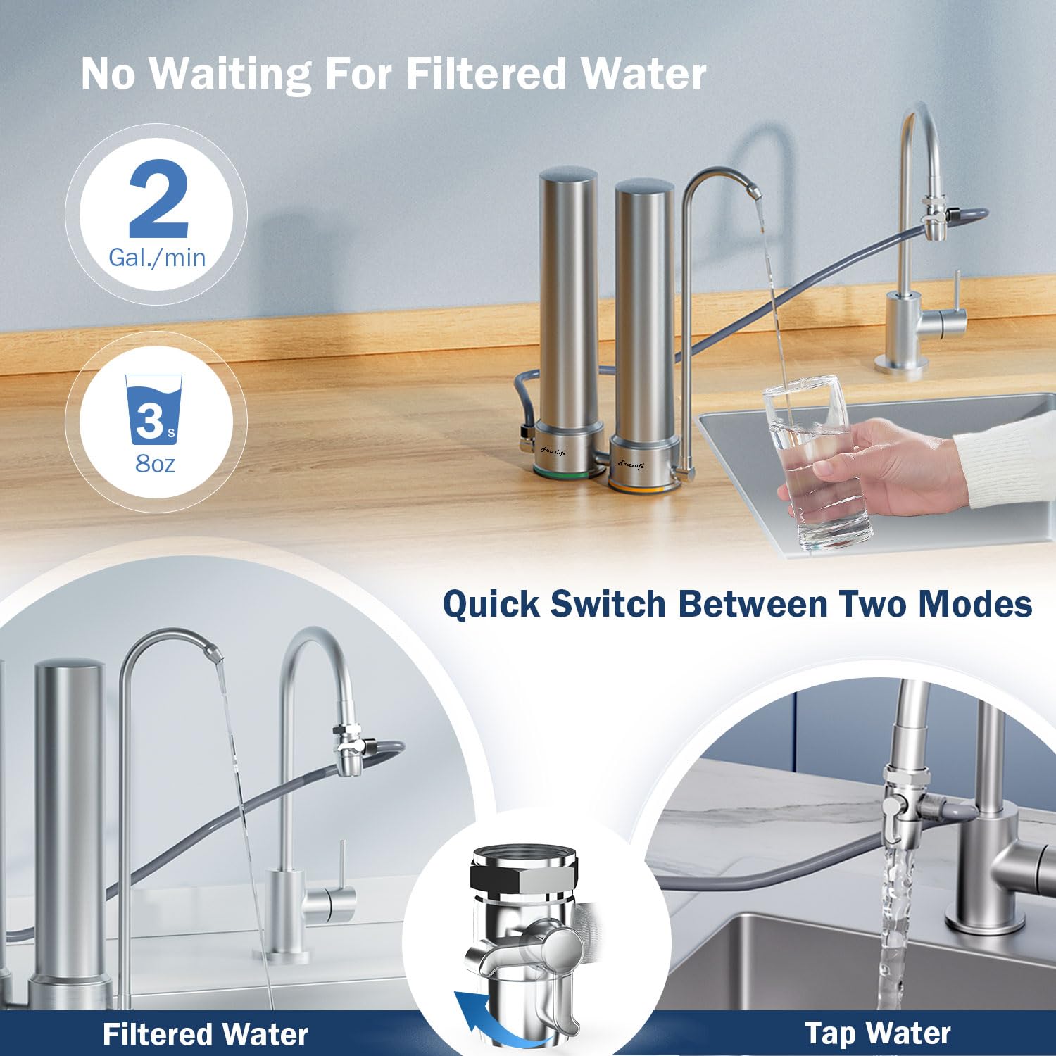 Frizzlife DS99-S Gegenwasserfiltersystem, 7-stufige Wasserfilterung aus Edelstahl, 0,5 Mikron NSF-zertifizierte Elemente, reduziert 99,99 % Blei, Chlor, Schwermetalle, Kalk und Kalkablagerungen – Bild 3