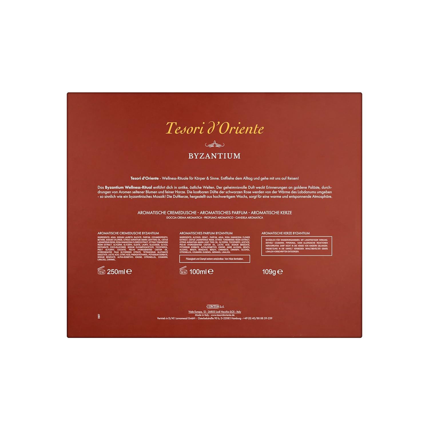 TESORI D'ORIENTE Byzantium Geschenkset (Cremedusche 250 ml, EDT 100 ml & Duftkerze) mit schwarzer Rose und Labdanum, Wellness-Rituale für Körper und Sinne – Bild 2