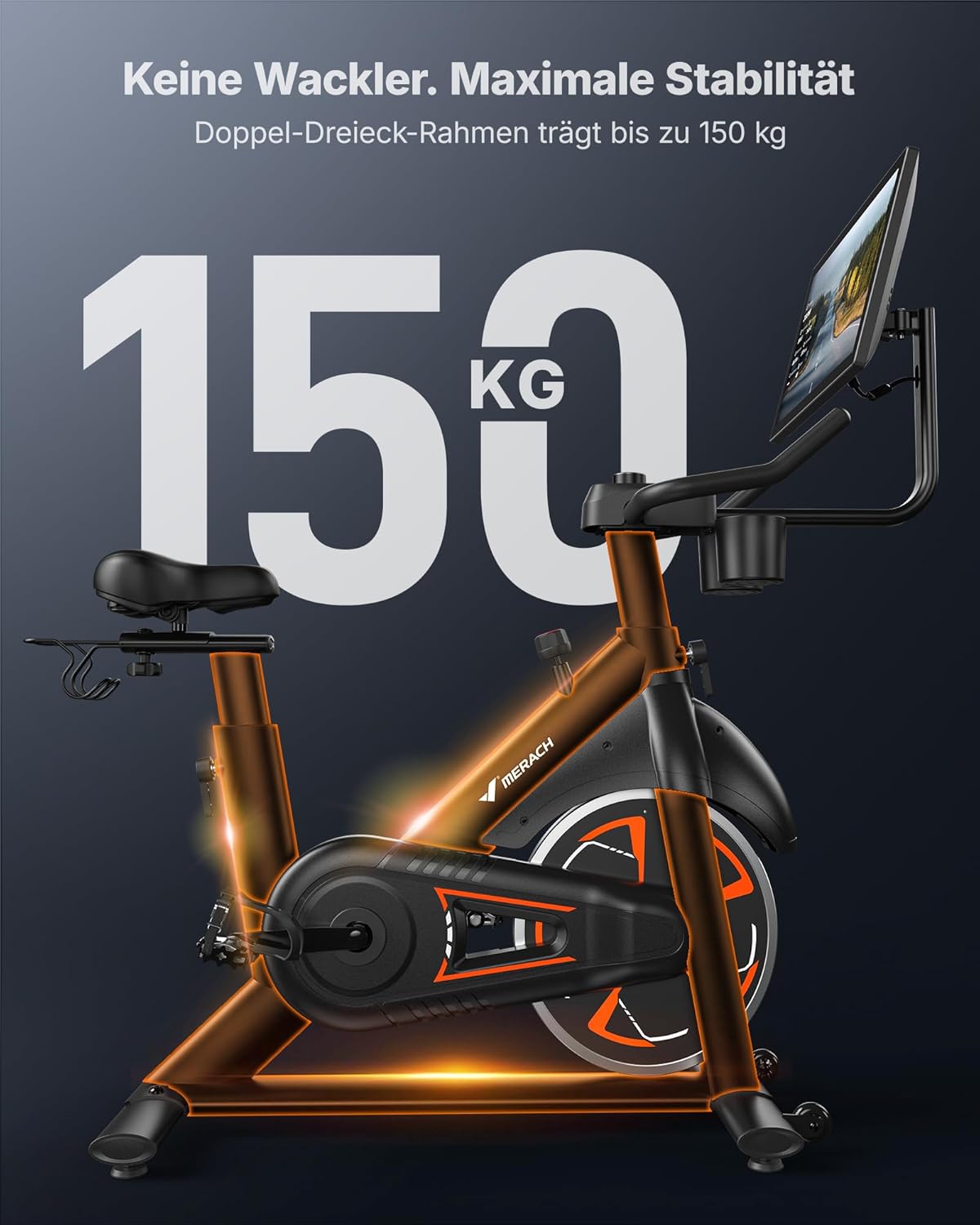 MERACH Heimtrainer Fahrrad mit 21,5" drehbarem FHD-Bildschirm, Leises Heimtrainer Fahrrad mit automatischem Widerstand, verstärkter H-Rahmen, stoßdämpfender Luftkissensattel, eigene App, bis 150 kg – Bild 5