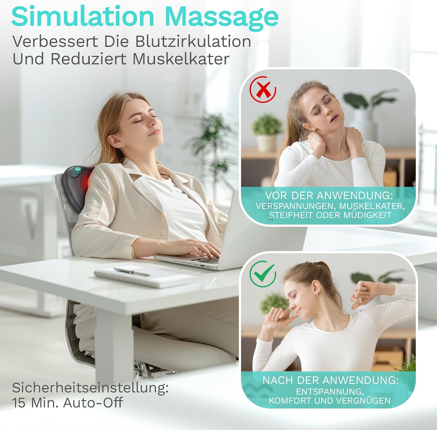 TAKRINK Shiatsu-Massagekissen, Nackenmassagegerät, Rückenmassagegerät mit 8 Knoten und 3 Geschwindigkeiten, tiefes Gewebekneten, leises Massagegerät für Nacken, Schulter, Rücken, mit 1,8 m Autokabel für Männer und Frauen – Bild 4
