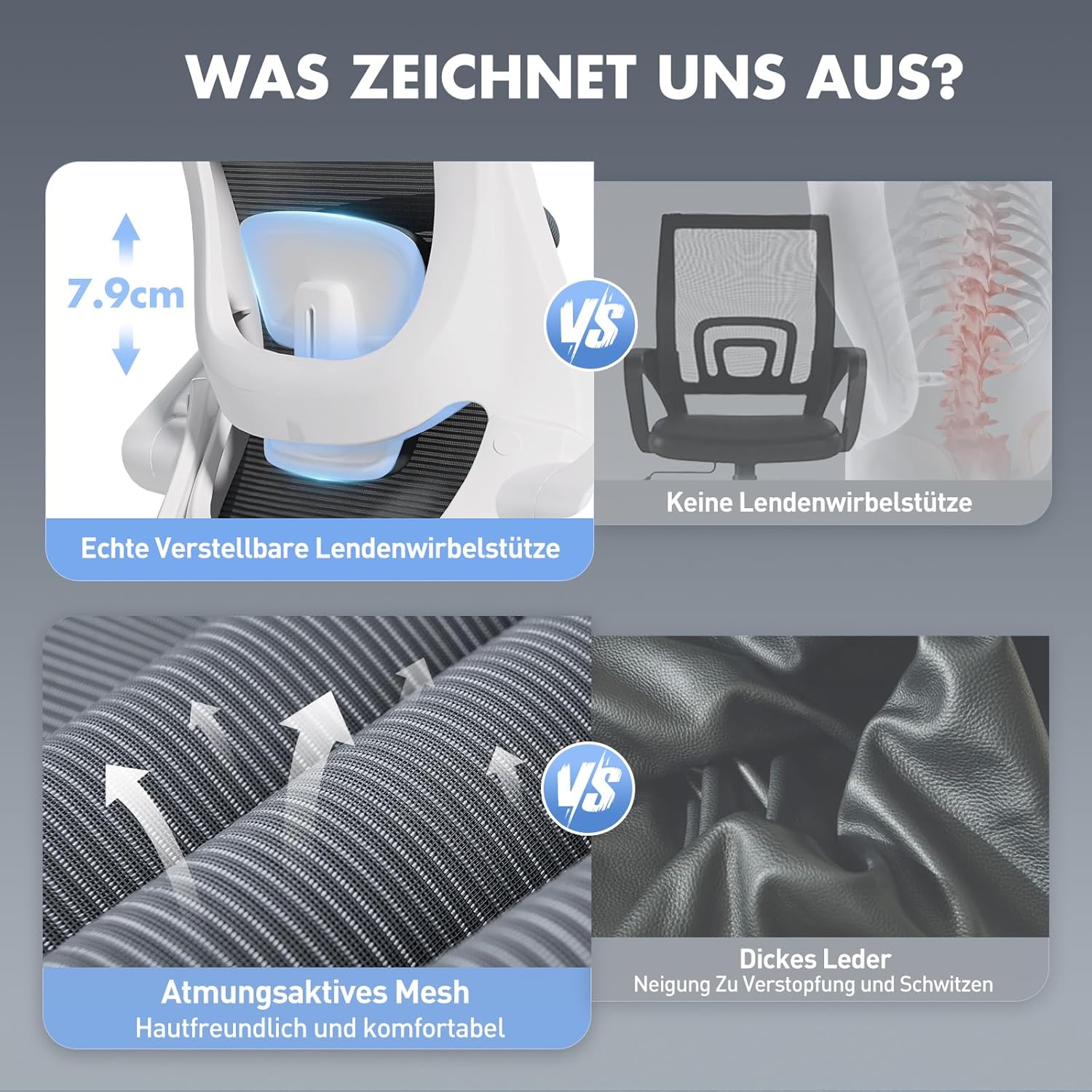 COLAMY Bürostuhl, Netz-Computerstuhl mit verstellbarer Kopfstütze und Lordosenstütze, ergonomischer Arbeitsstuhl mit hochklappbarer Armlehne, 140°-Wippfunktion, Grau – Bild 9