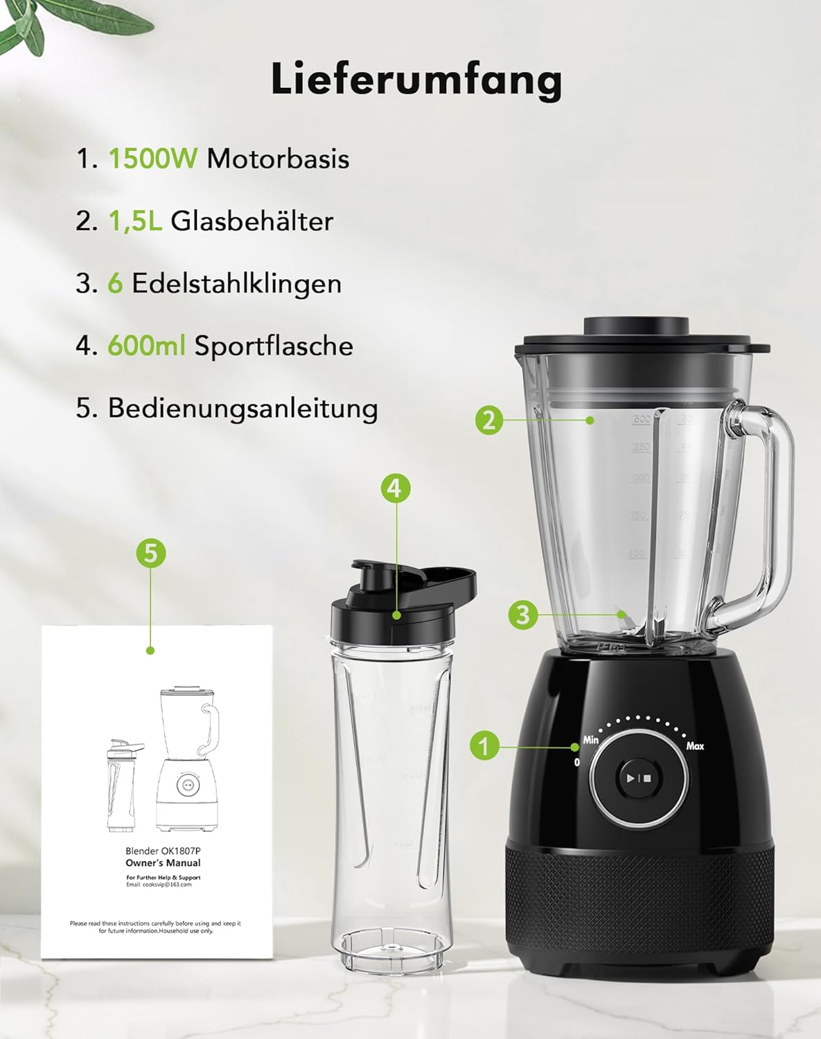 Mixer, Smoothie Maker, Standmixer, 1500 Watt High Speed Mixer Smoothie Maker mit 1,5 L Glasbehälter, 600 ml Flaschen, BPA-freies Tritan, einstellbare Geschwindigkeit für Smoothies, Mixen – Bild 9