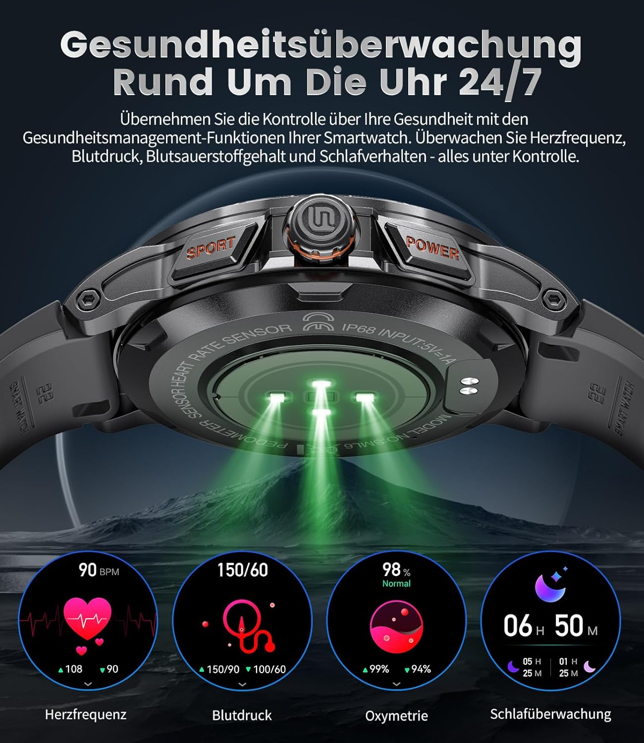 LIGE Military Smartwatch Herren, 1,43 Zoll HD AMOLED Smartwatch mit Telefonfunktion, schwarze Fitnessuhr mit 120+ Sportmodi, Herz-/Schlaf-Tracking, IP68 wasserdichte Sportuhr für iOS/Android – Bild 7