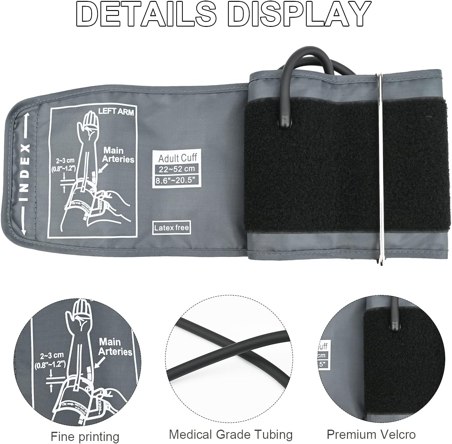 Blutdruckmanschette, 22–52 cm, extra große Manschette für Blutdruckmessgerät mit 4 Stück extra Gelenken, tragbare Blutdruckmessgeräte für Erwachsene, Senioren, ältere Menschen (grau) – Bild 6