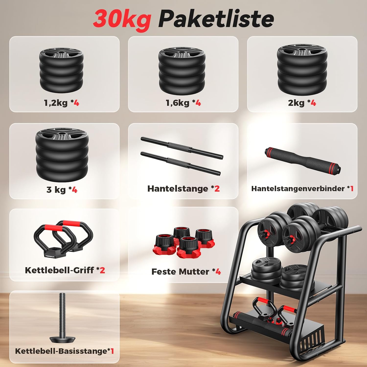 FEIERDUN 10 kg - 40 kg Hanteln verstellbar 2er Set, 5-in-1 Hantelset, Langhantel, Kettlebell, Liegestützständer für Ganzkörpertraining, Krafttraining für Männer und Frauen – Bild 9