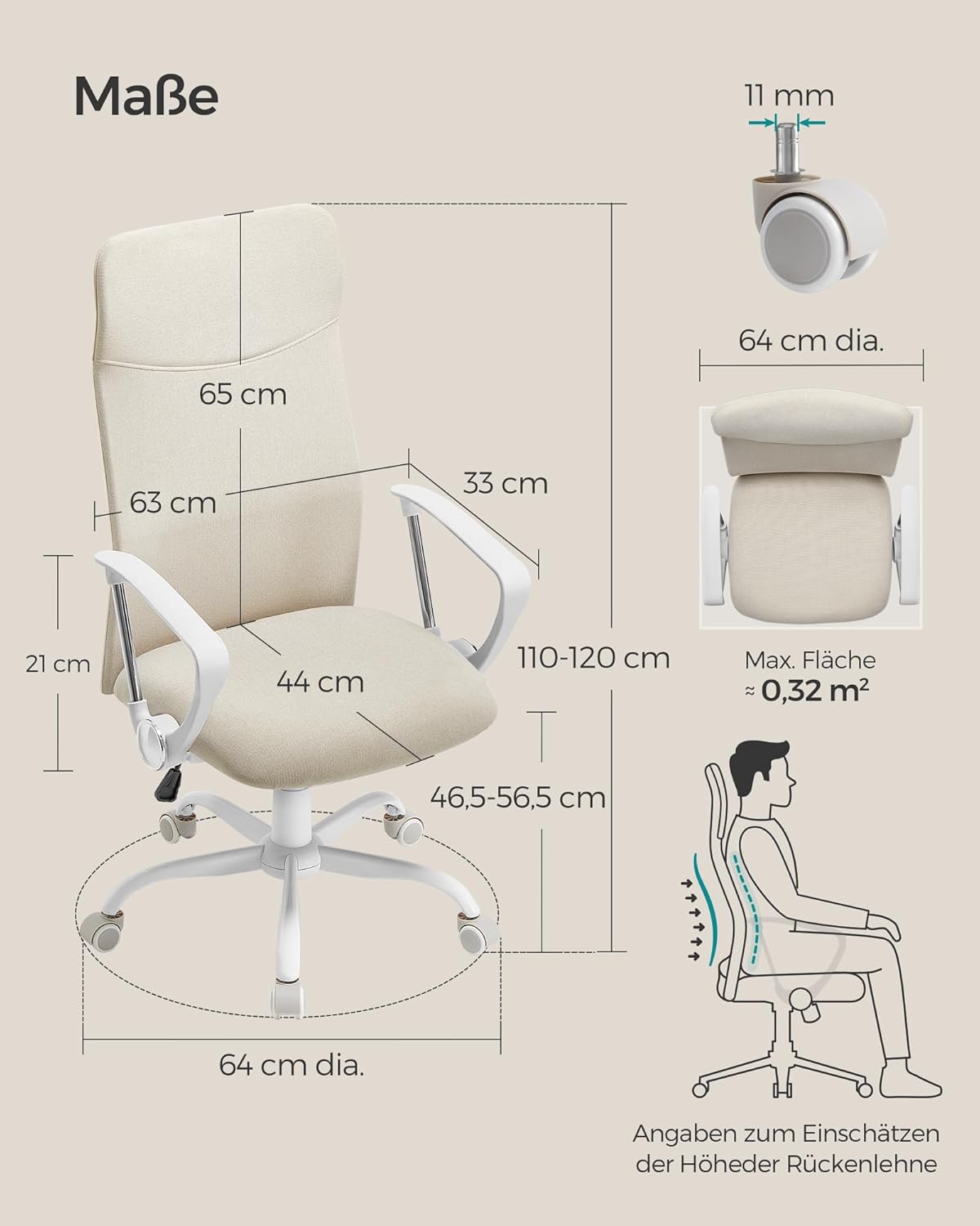 SONGMICS OBN034K01 Bürostuhl, ergonomischer Schreibtischstuhl, Drehstuhl, gepolsterte Sitzfläche, höhenverstellbar und neigbar, maximale Belastung 120 kg, Cappuccino-Beige – Bild 3