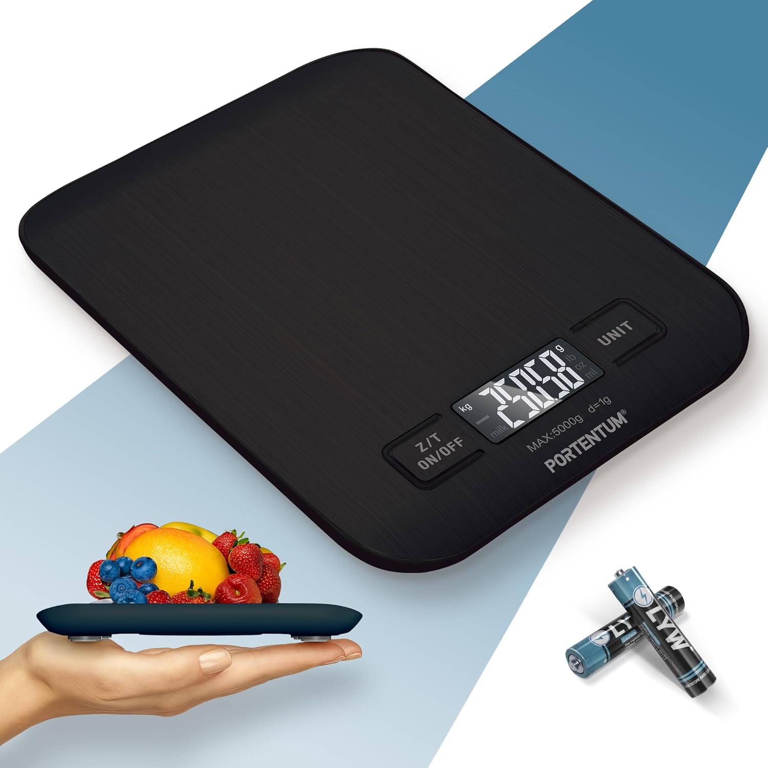 PORTENTUM Digitale Küchenwaage 5 kg mit großem LCD-Display, Digitalwaage, Briefwaage mit großer Wiegefläche aus Edelstahl, Flüssigkeitsmessung, hohe Präzision bis 1 g, Tarafunktion, schwarz
